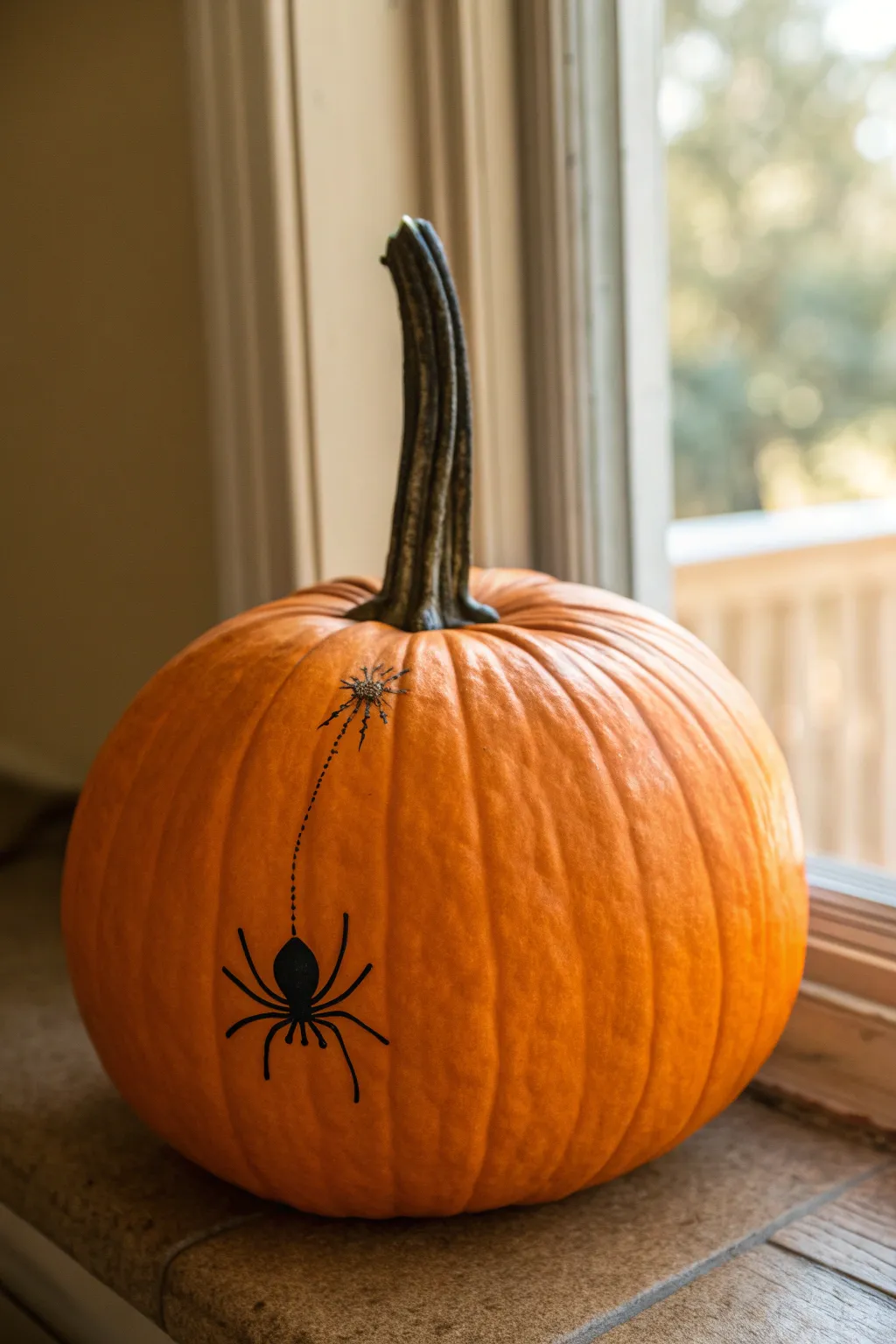 Minimalist pumpkin with a dangling painted spider, simple line detail for an elegant spooky touch