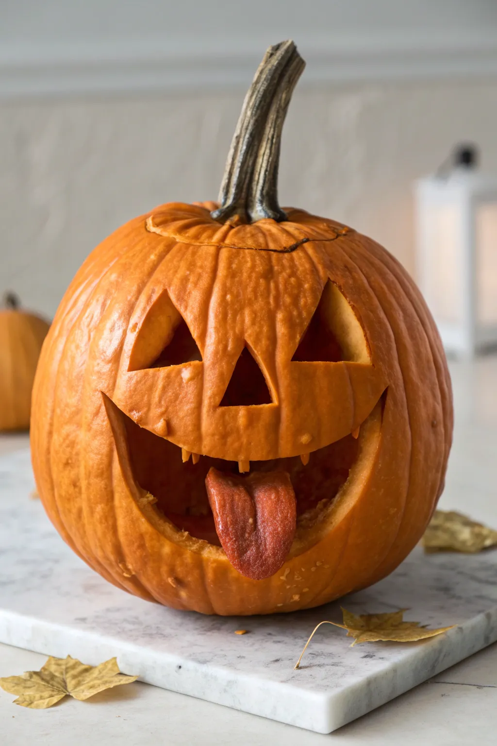 Split-mouth pumpkin with curled cutout tongue, minimalist spooky craft with bold contrast.