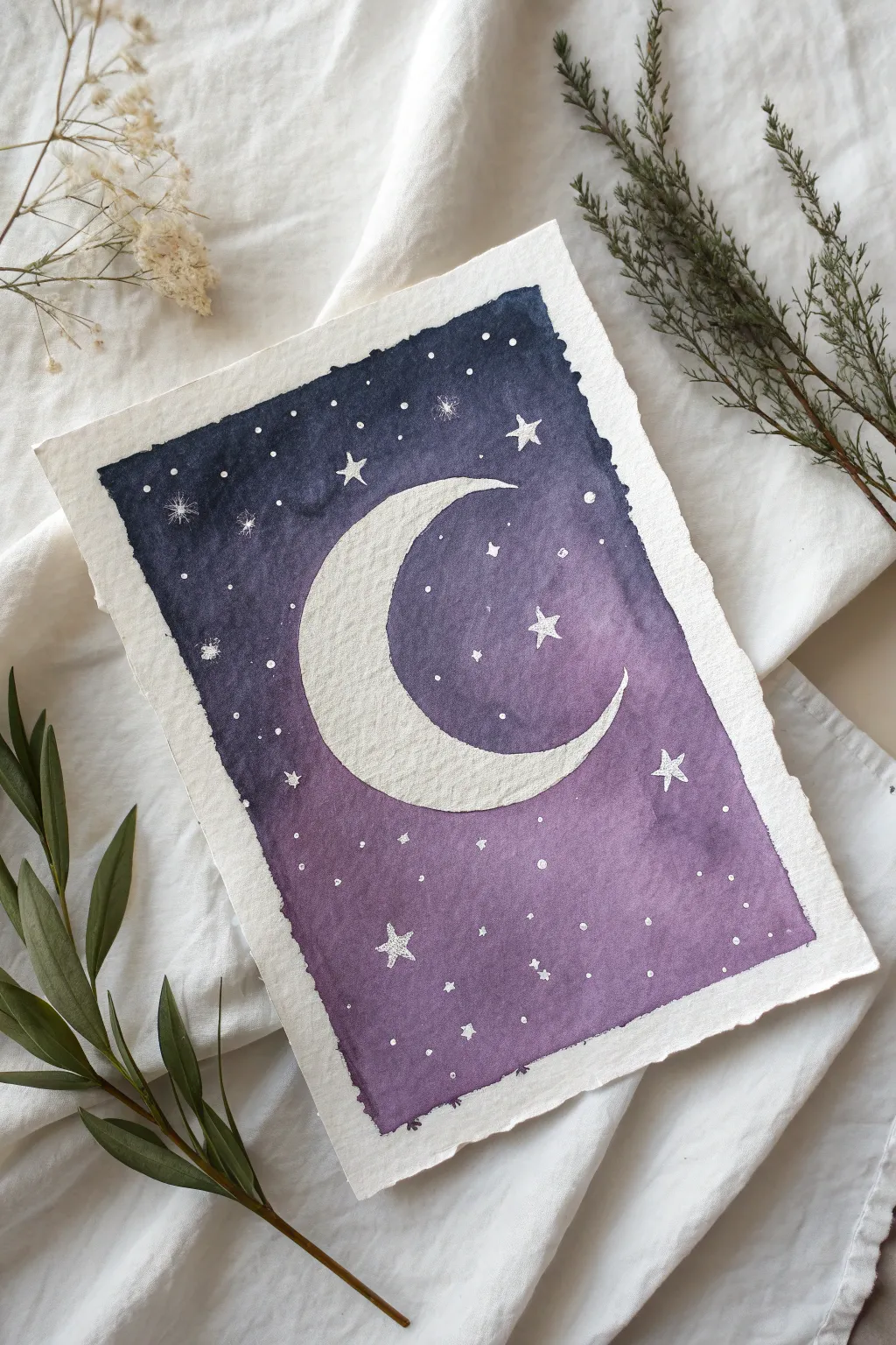 Moon and stars in purple: a simple crescent drawing on a textured night-sky watercolor wash