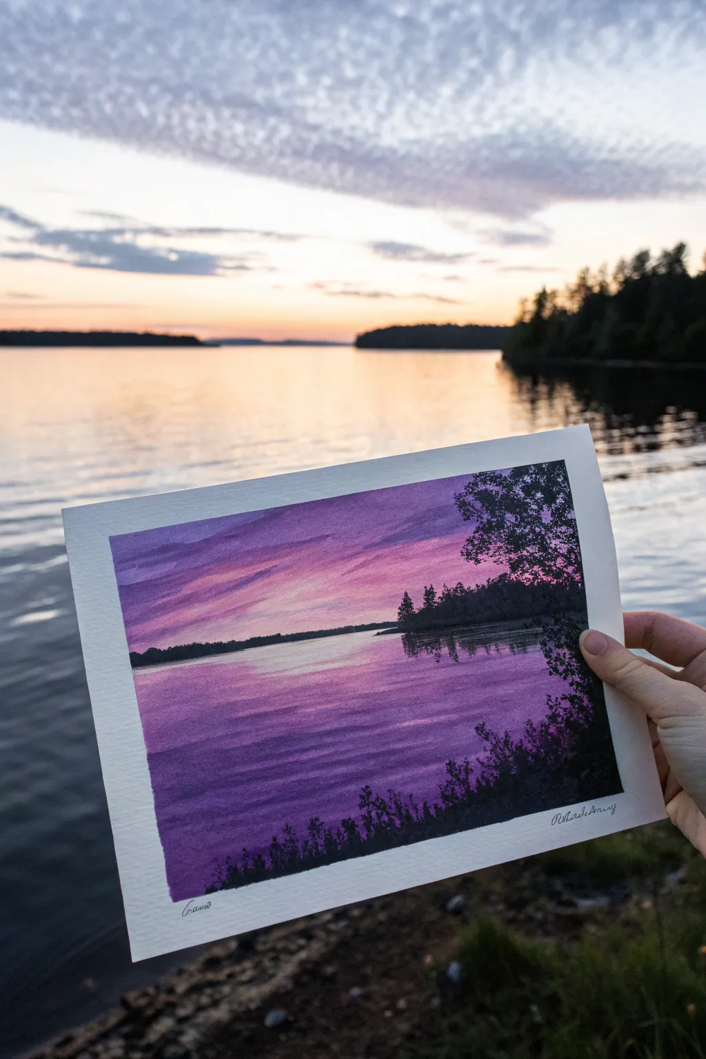 Purple lake reflection painting idea with easy horizontal strokes, dark shoreline, and moon sparkle