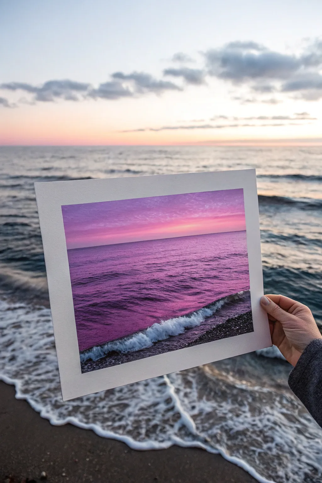 Magenta horizon glow over deep violet waves, a minimalist purple seascape to paint today.