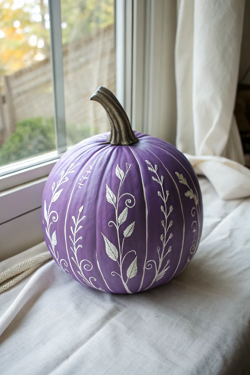 Purple pumpkin wrapped in delicate white vines and leaves for a clean Scandinavian boho look