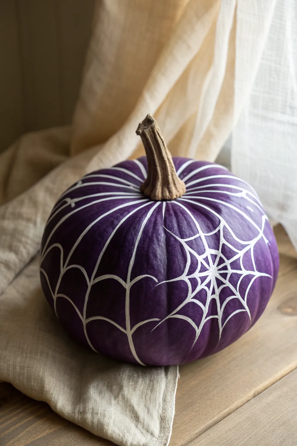Deep purple pumpkin with crisp white spiderweb lines, minimalist boho autumn painting inspo.