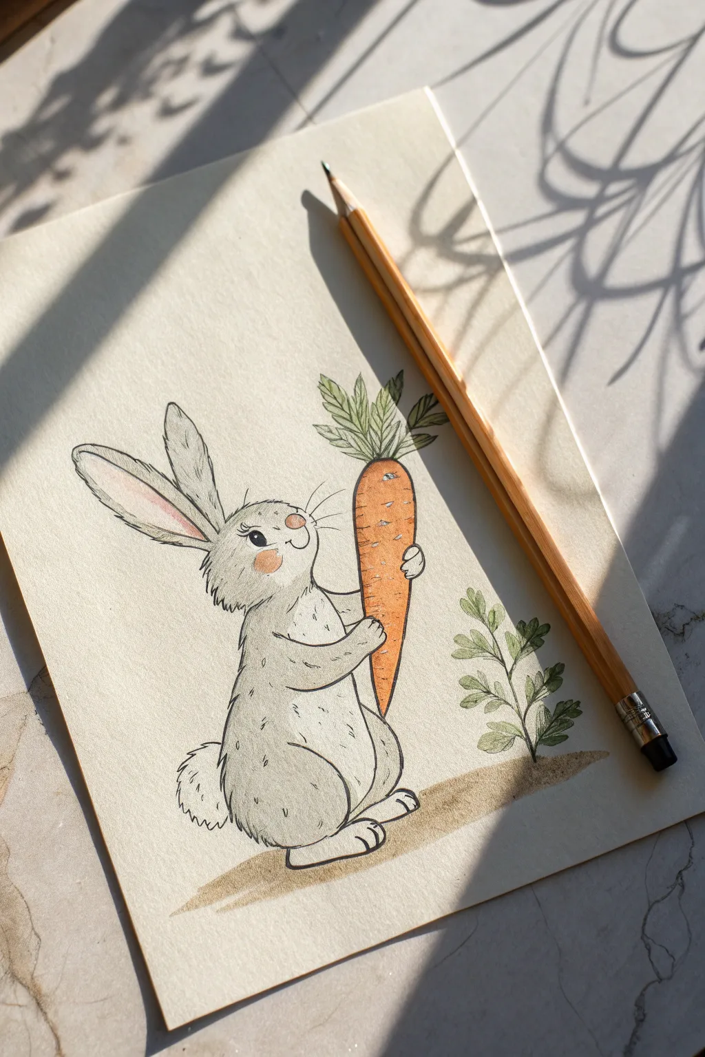 Minimal rabbit hugging a giant carrot with simple shading and easy texture lines to copy