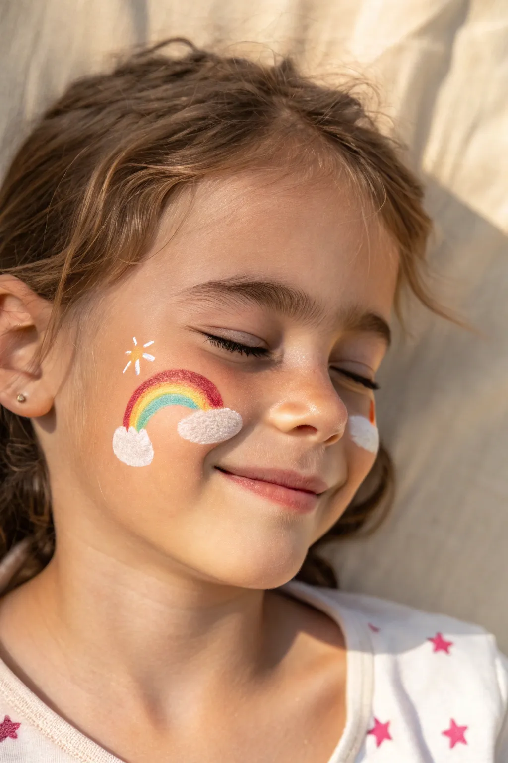 Quick, cute double cheek rainbows with tiny clouds for an easy, kid-friendly face paint look