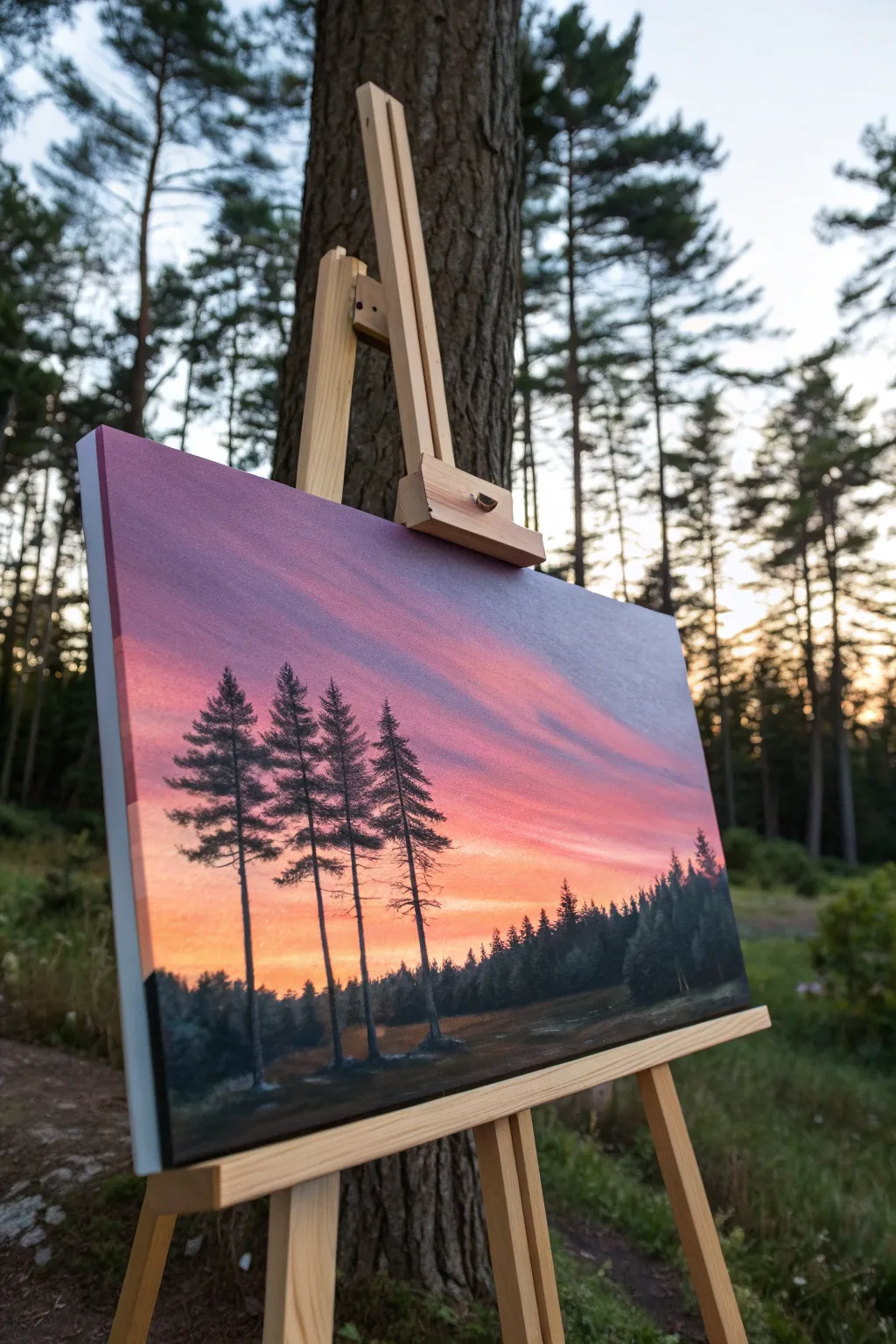 Forest silhouette at dusk on a horizontal rectangle canvas, minimal and calming with bold contrast