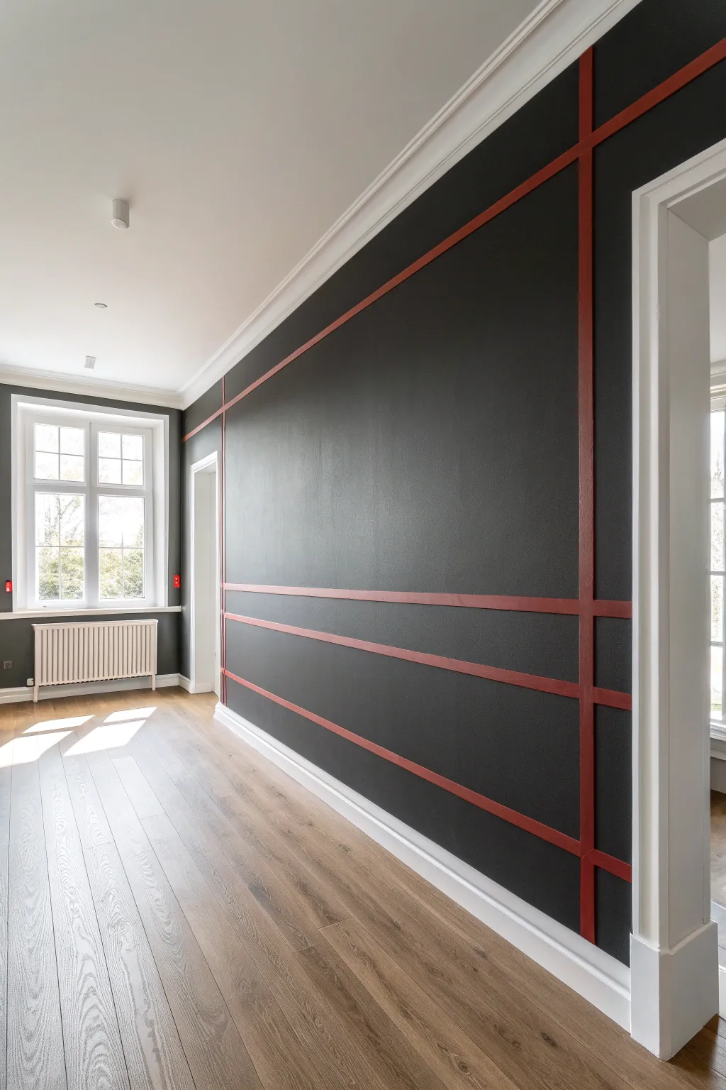 Crisp red diagonal stripe on matte black for a bold, minimalist statement wall idea