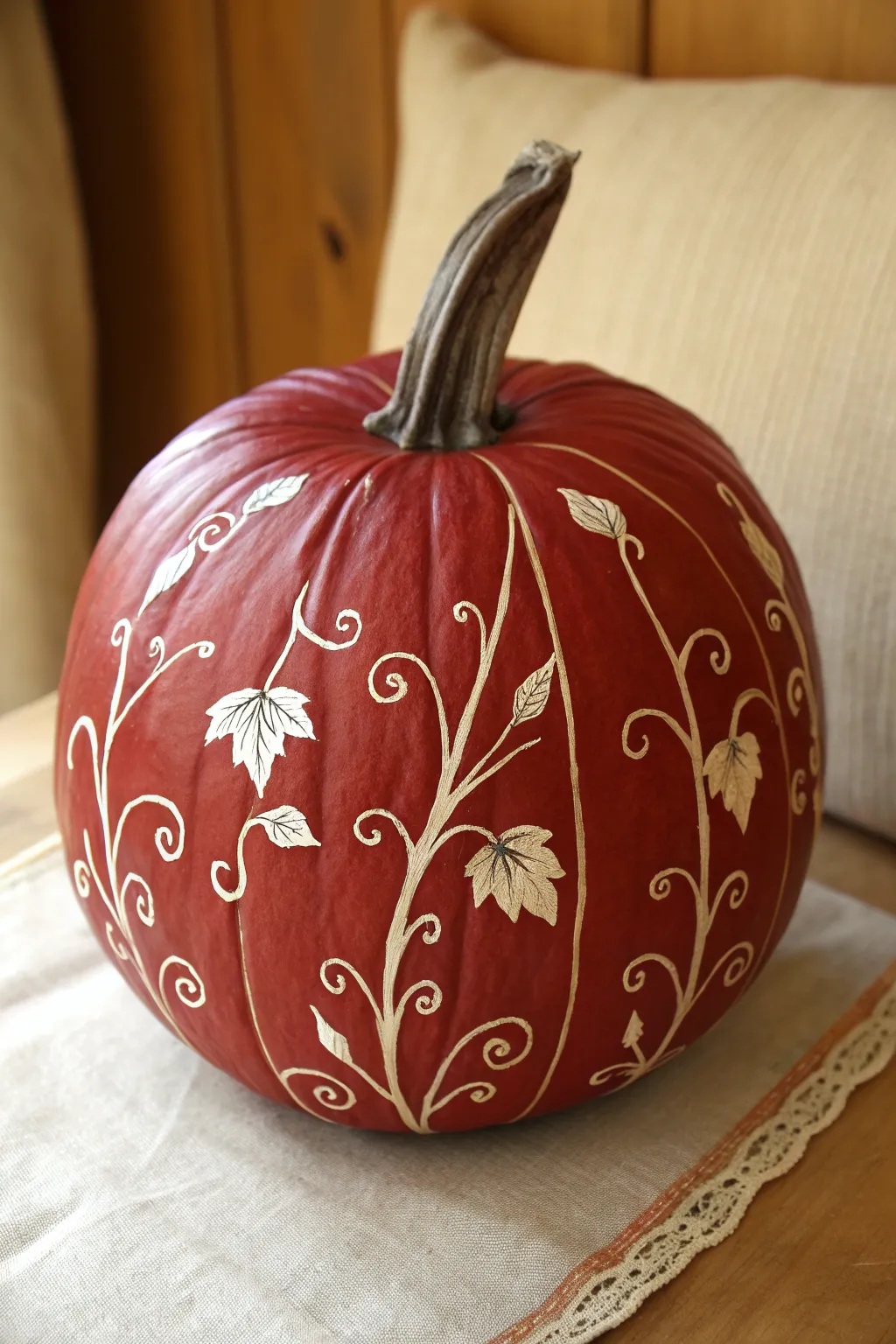 Deep red pumpkin with delicate white vine swirls, a minimal Scandinavian-boho painting idea