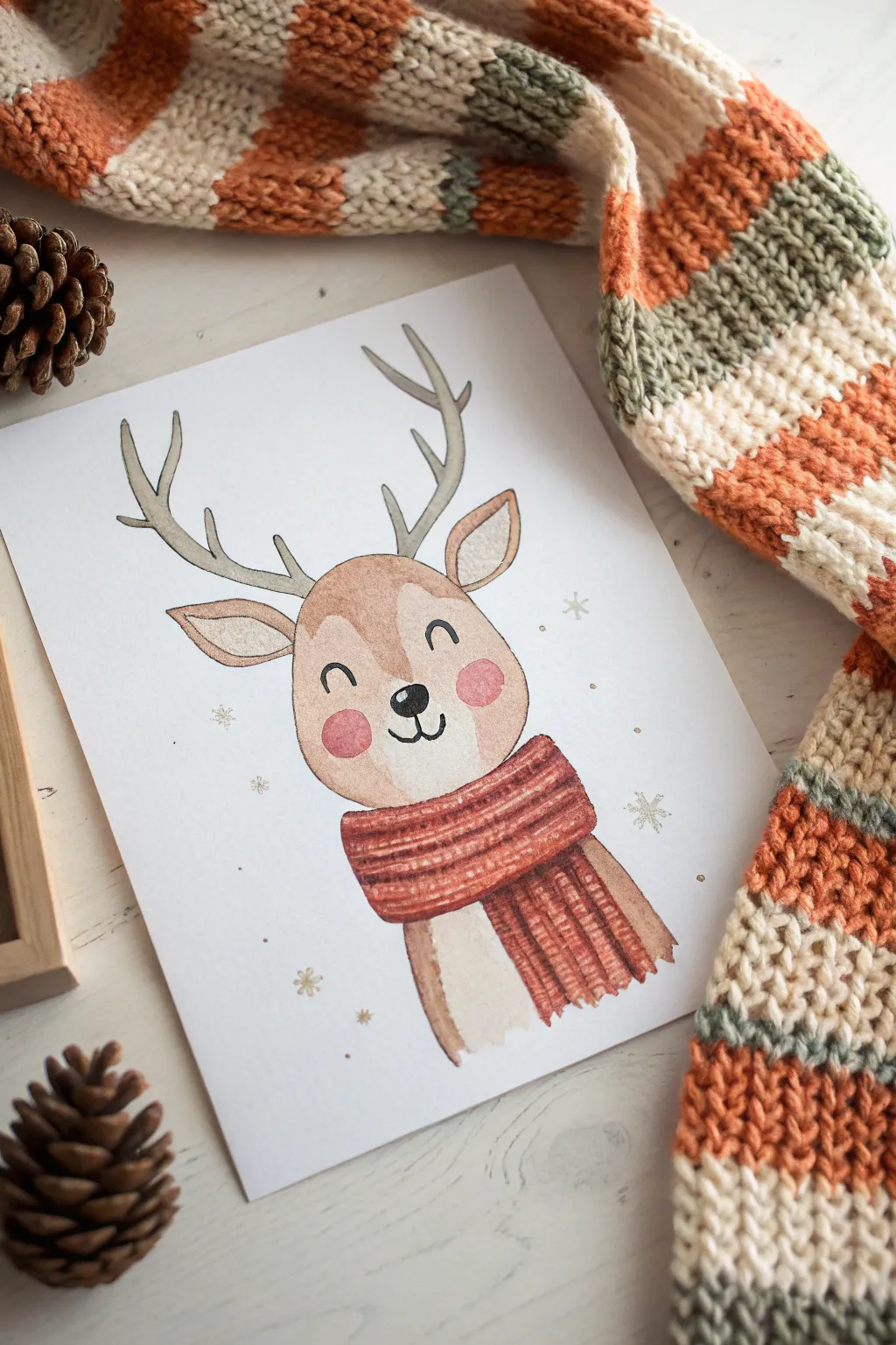 Cozy scarf reindeer portrait in soft watercolor tones, perfect for minimalist winter painting practice