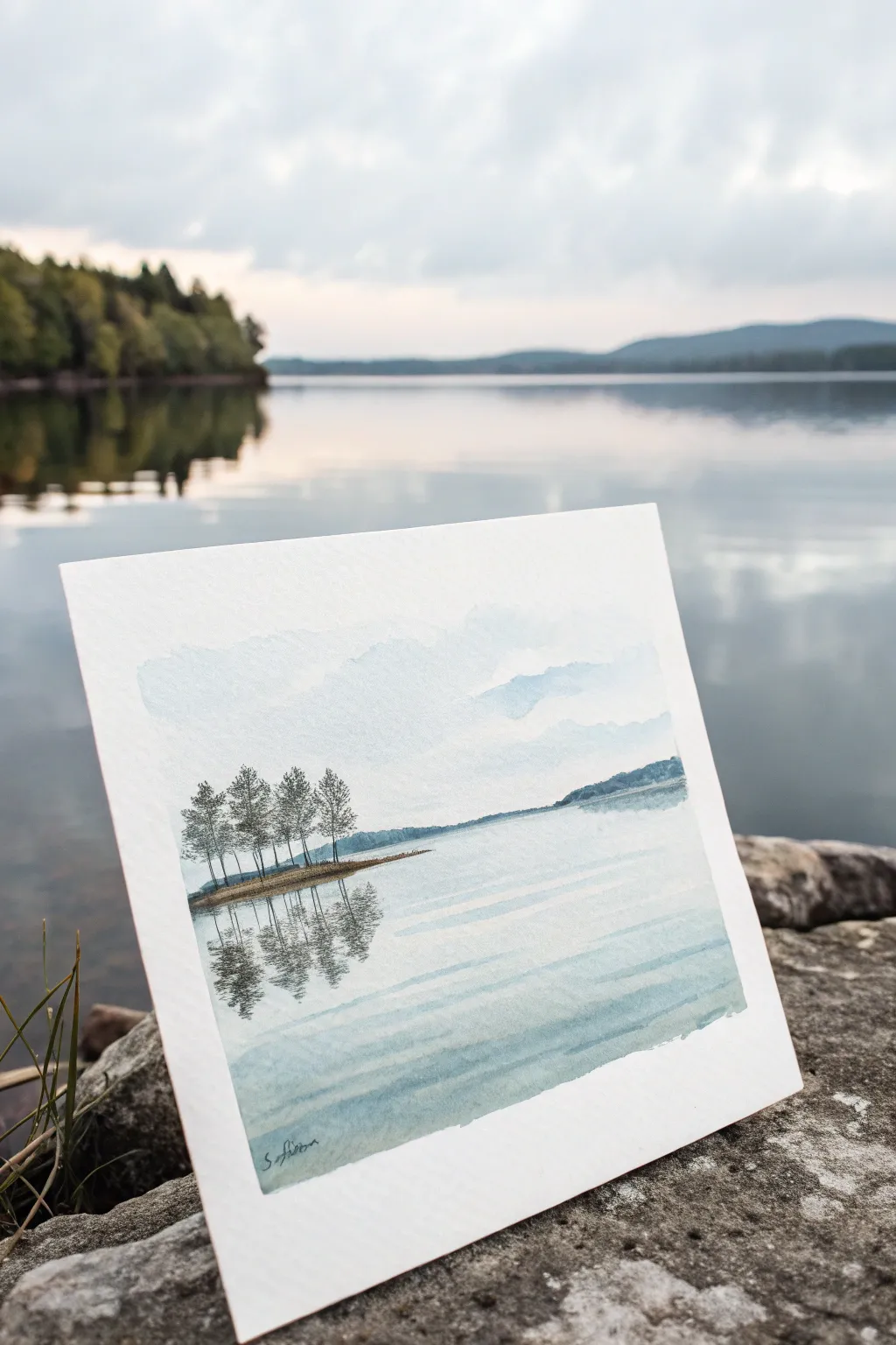 Paint a serene lake reflection with soft blur and minimal shapes for instant calm.