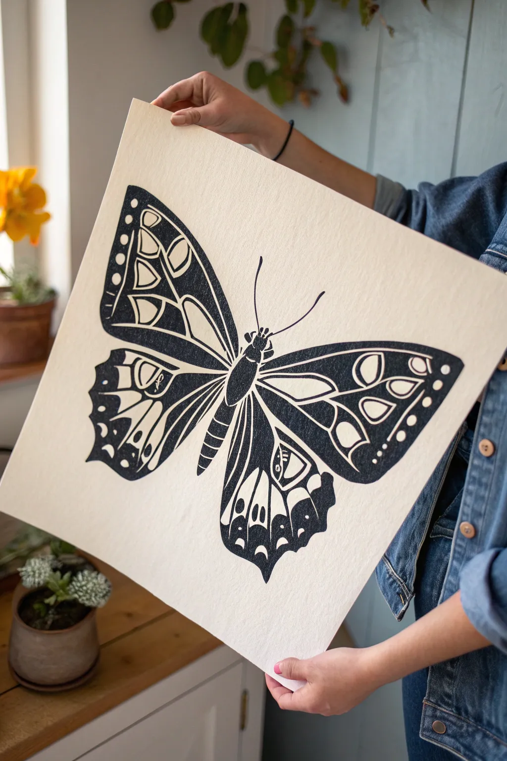 High-contrast butterfly linocut with bold shapes and clean negative-space wing patterns.