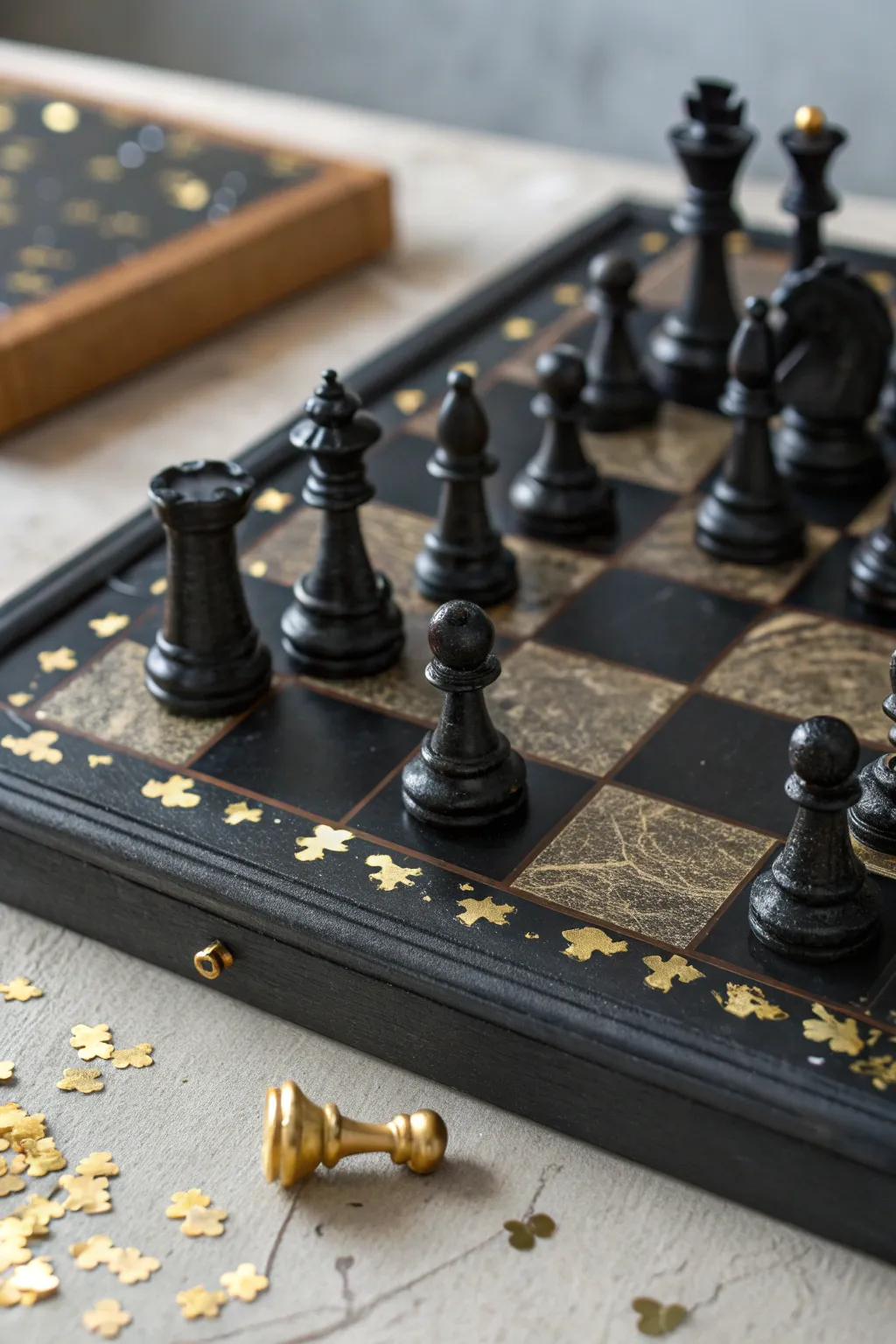 Gold-flecked resin chess set in moody light, minimalist luxe with shimmering leaf accents