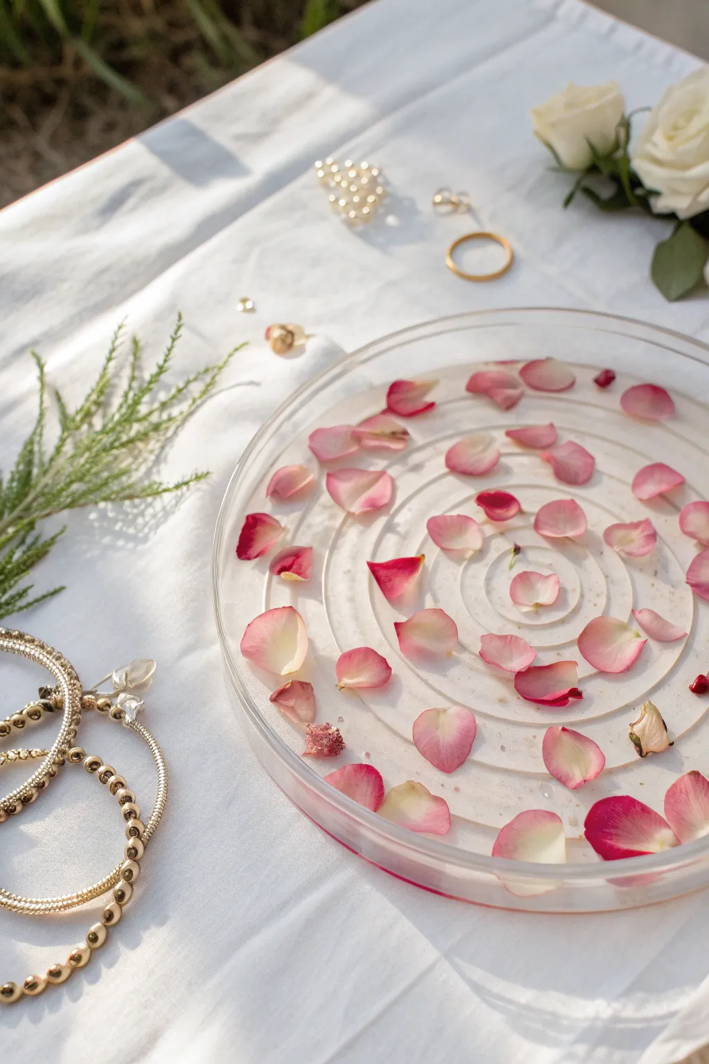 Create a pressed petal resin tray with a soft rose swirl and a tiny jewelry nest for daily use.
