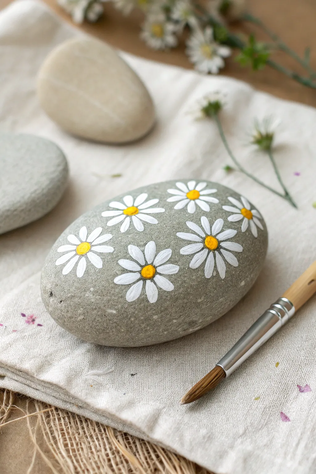 Minimalist daisy dot rock painting with a dotting tool hint, crisp contrast and soft boho linen