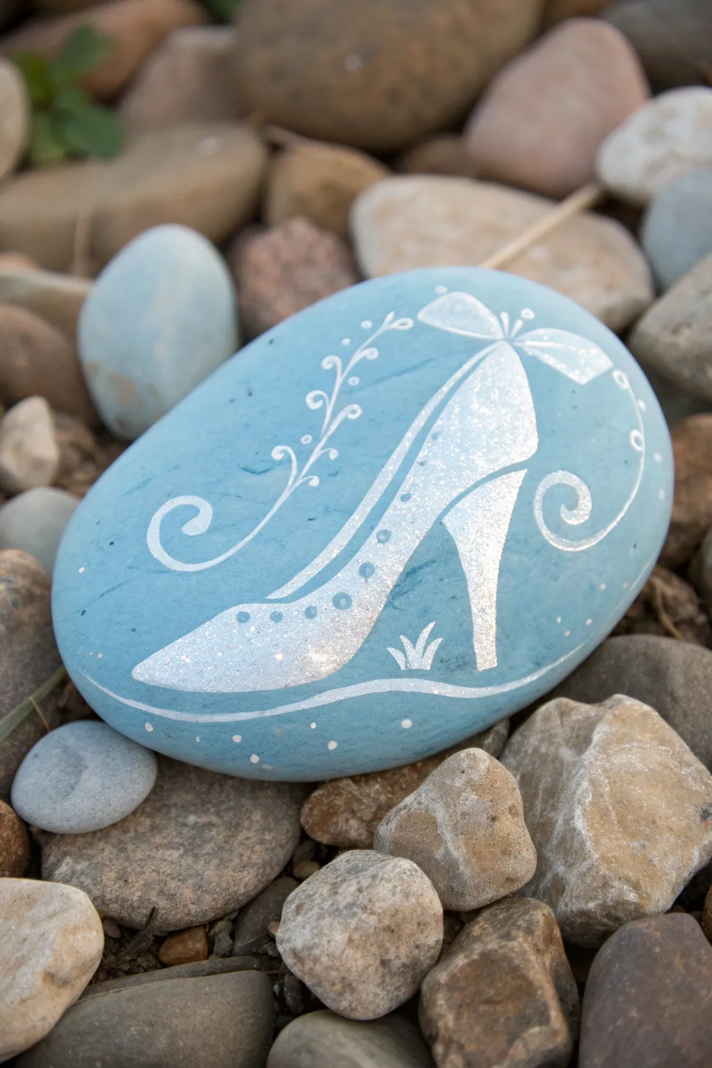 Pale blue rock painted with a delicate glass slipper, swirls, and tiny star highlights.