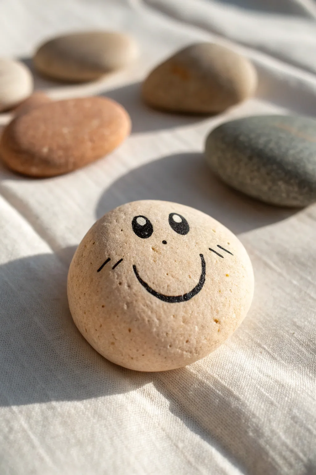Sunny smiley-face rock painted by hand, crisp and cheerful on a minimal linen background.