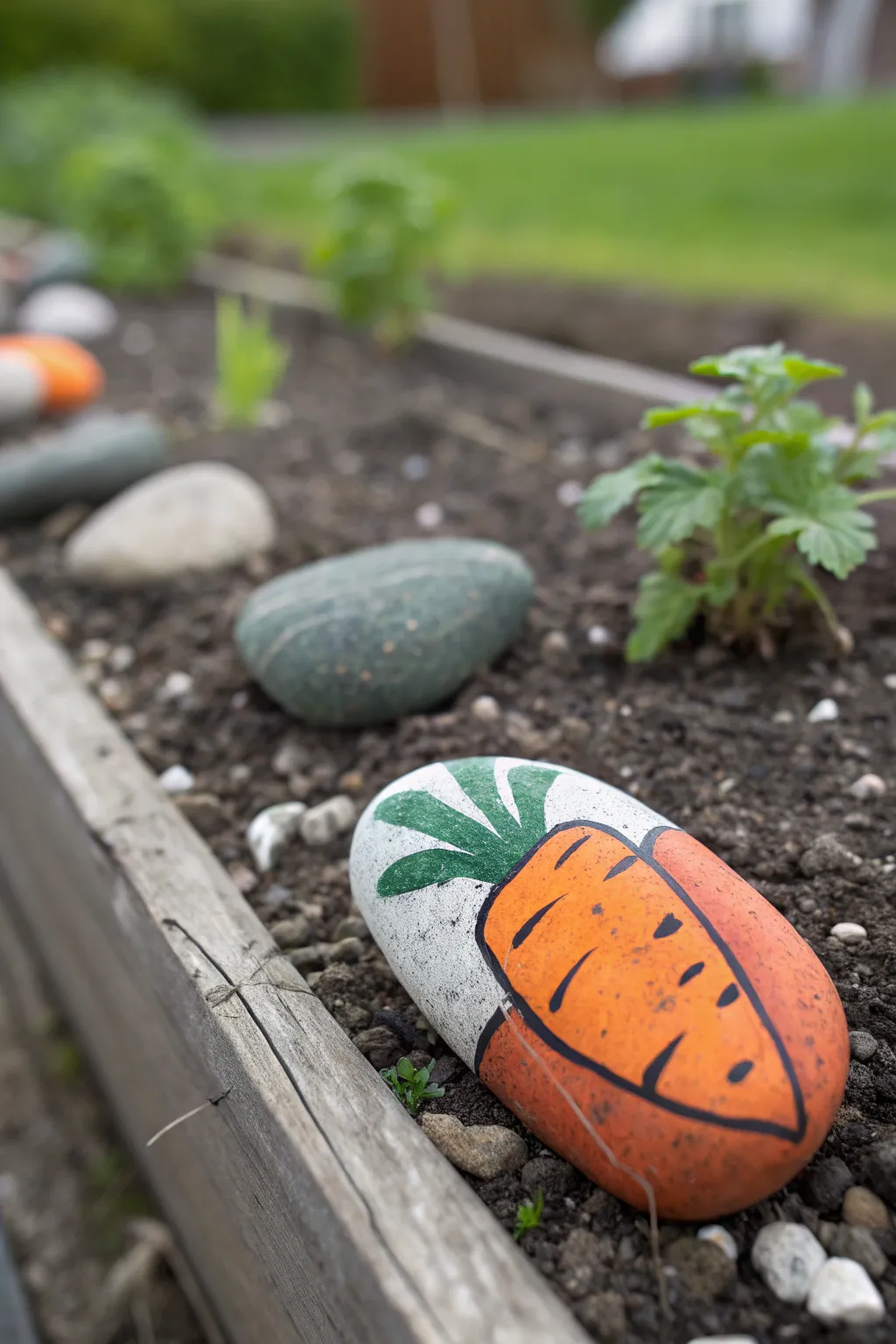 Painted veggie marker rock brings minimalist charm to your garden bed and veggie patch.