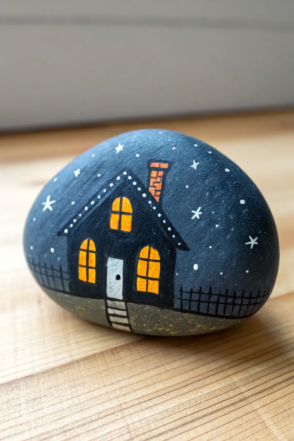 Paint a cozy night cottage rock with glowing windows and a simple starry sky gradient above