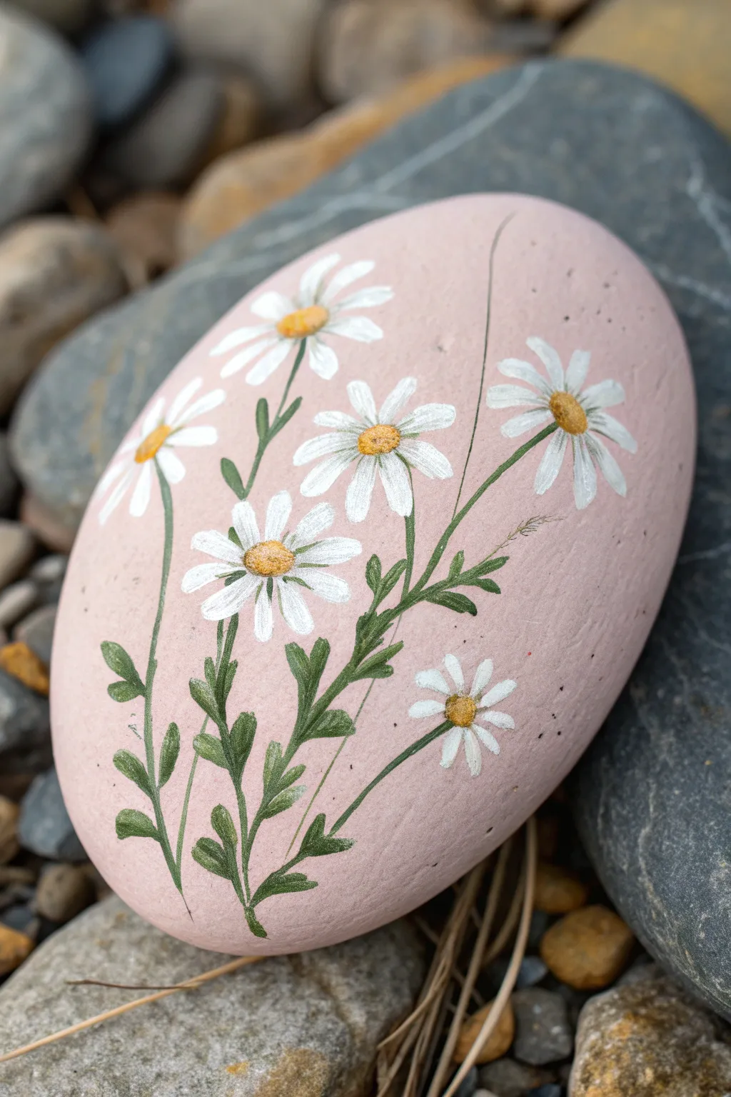 Simple wildflower bouquet rock painting in soft pastels, minimal lines, and cozy natural light