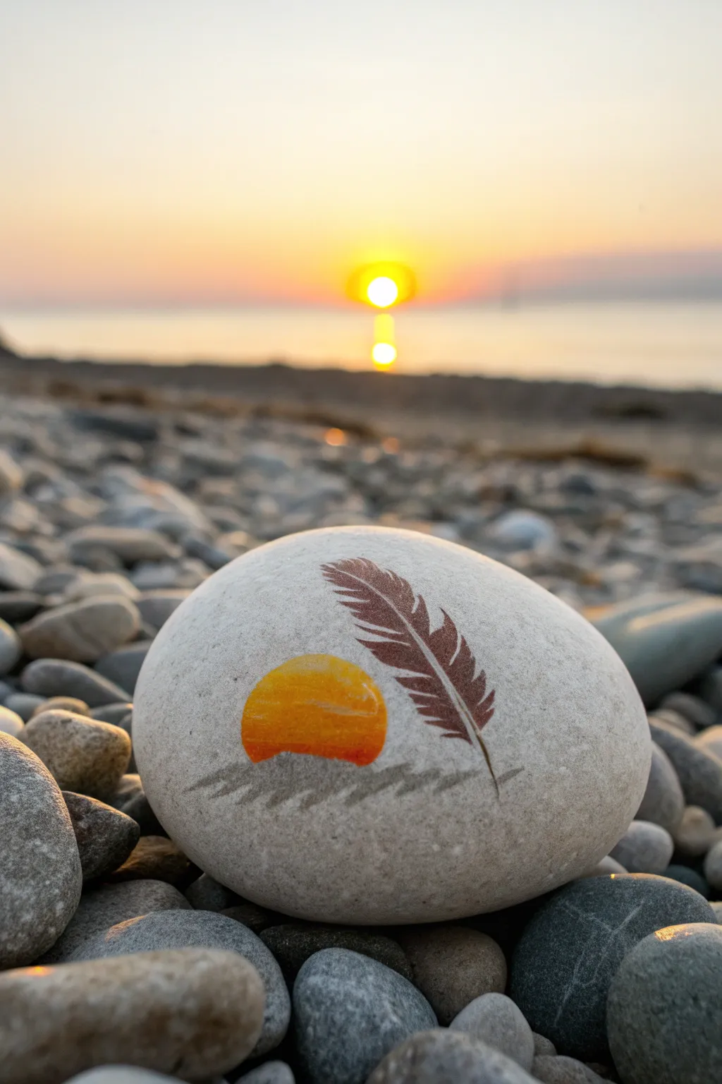 Minimal sunset rock painting: glowing sun orb on a smooth stone, warm and calming