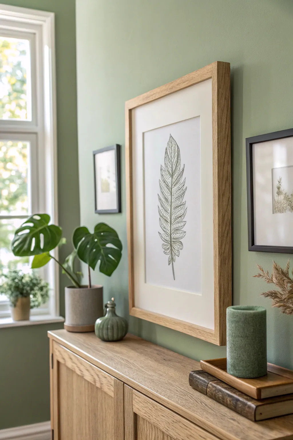 Sage green walls, warm wood, and a simple sketch for a fresh, lived in living room mood.