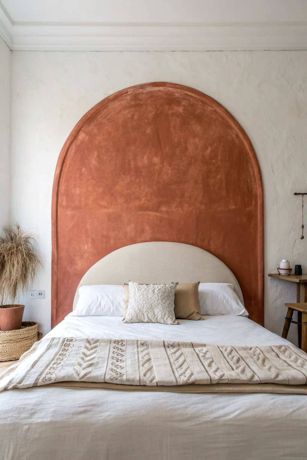 Painted arch faux headboard adds a warm minimalist statement to a calm, simple bedroom.
