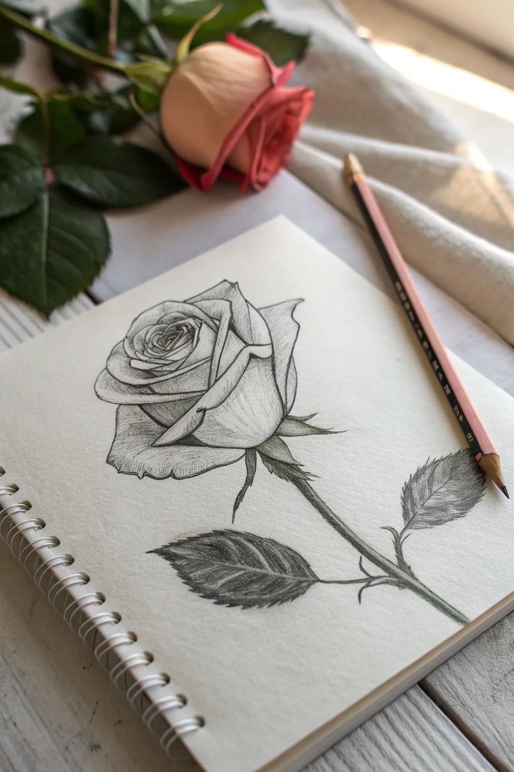 Side-view rose profile sketch idea with overlapping petals, visible base, and crisp minimal lines.