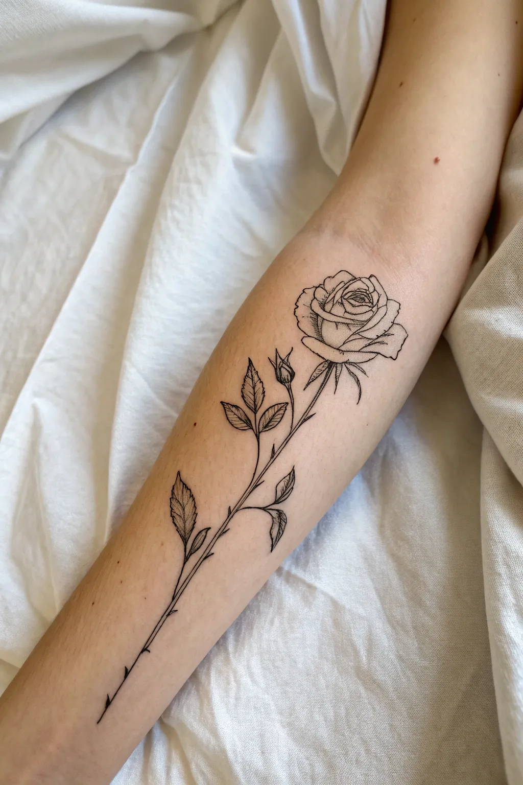 Minimal single-stem rose forearm tattoo with refined linework, leaves, and tiny thorns