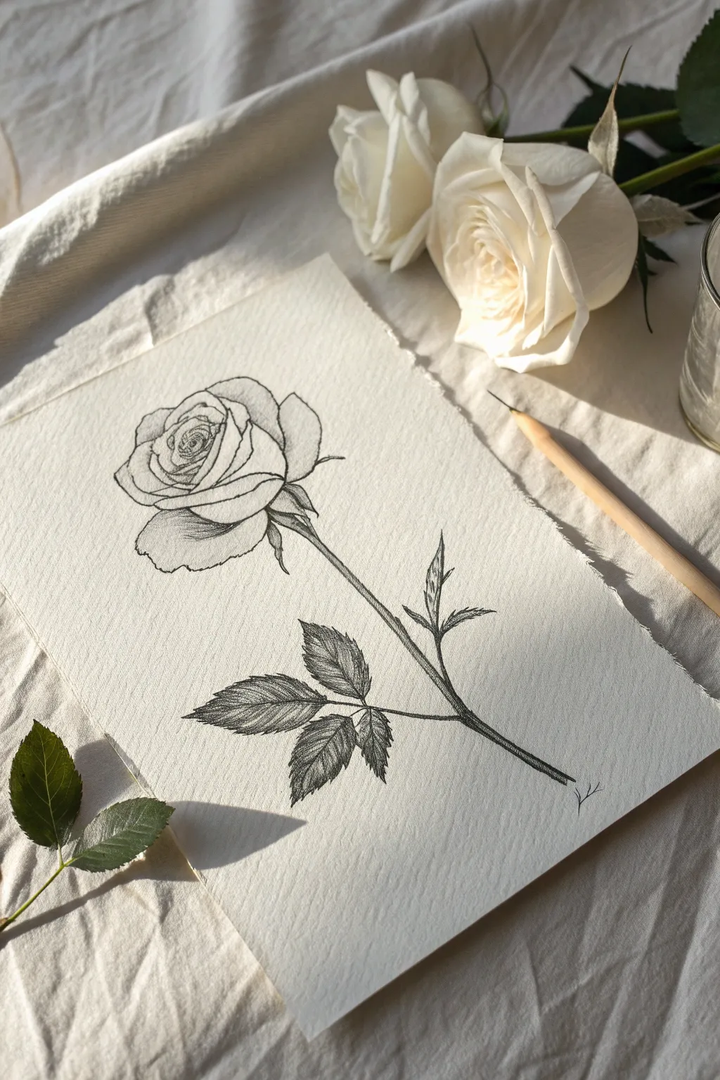 Side-view rose profile sketch idea with cup-shaped petals and calyx, minimal and elegant.