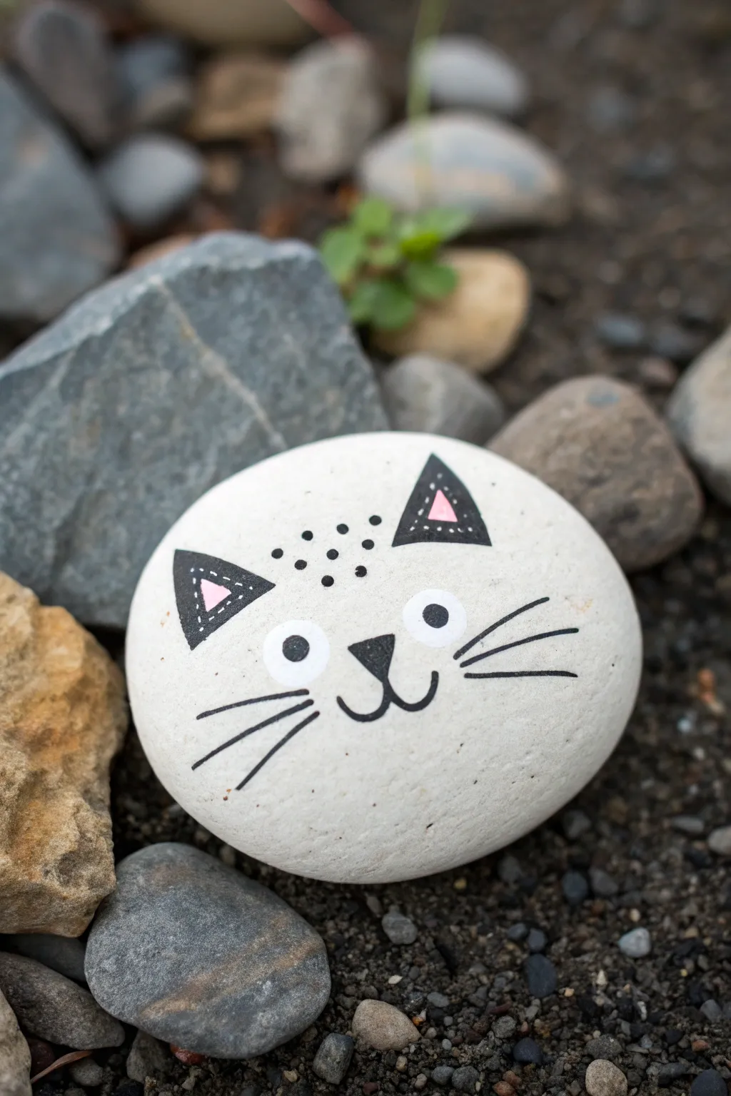 Adorable cat-face rock painting in clean minimalist style, perfect for round rock ideas.