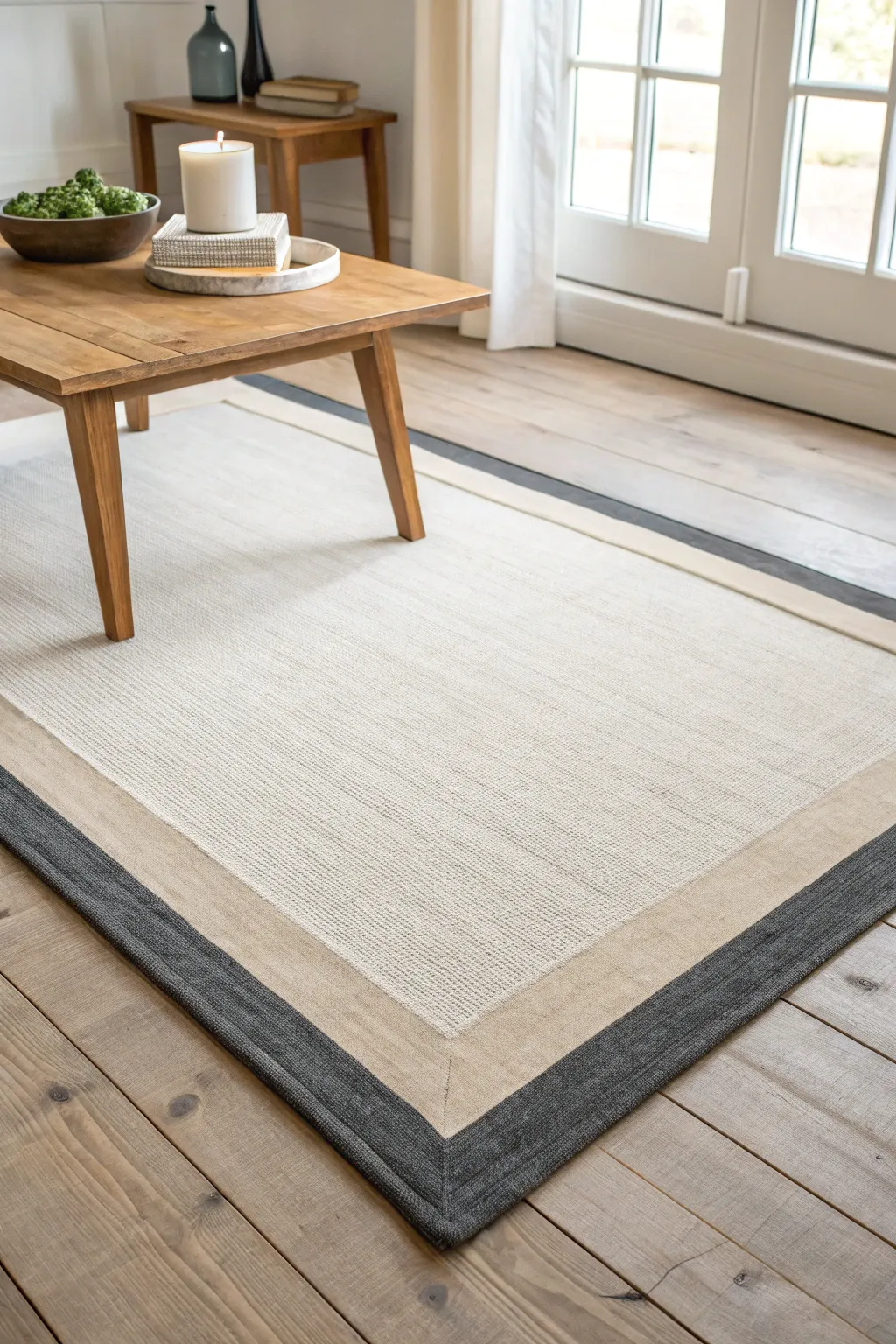 Clean painted border rug idea with a minimalist frame effect and cozy Scandinavian contrast