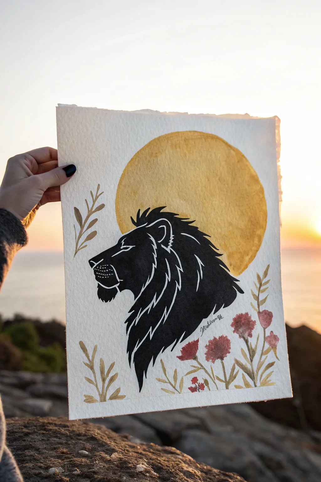 Minimal lion silhouette with golden halo sunset, perfect safari painting inspiration.