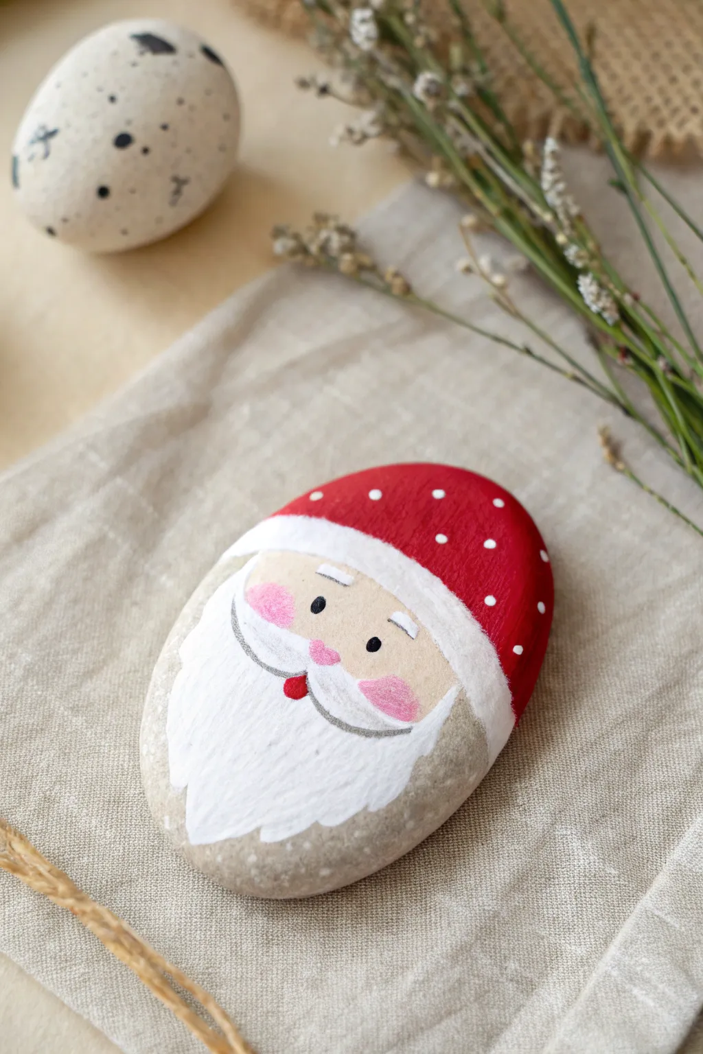 Beginner-friendly Santa face rock with rosy cheeks and dot eyes in a clean Nordic style