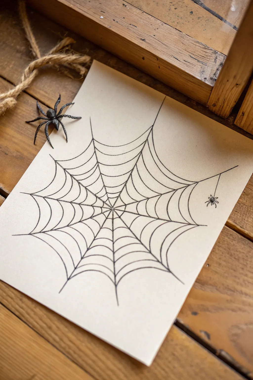 Delicate corner spider web with dewy highlights and a hanging spider, minimal yet spooky