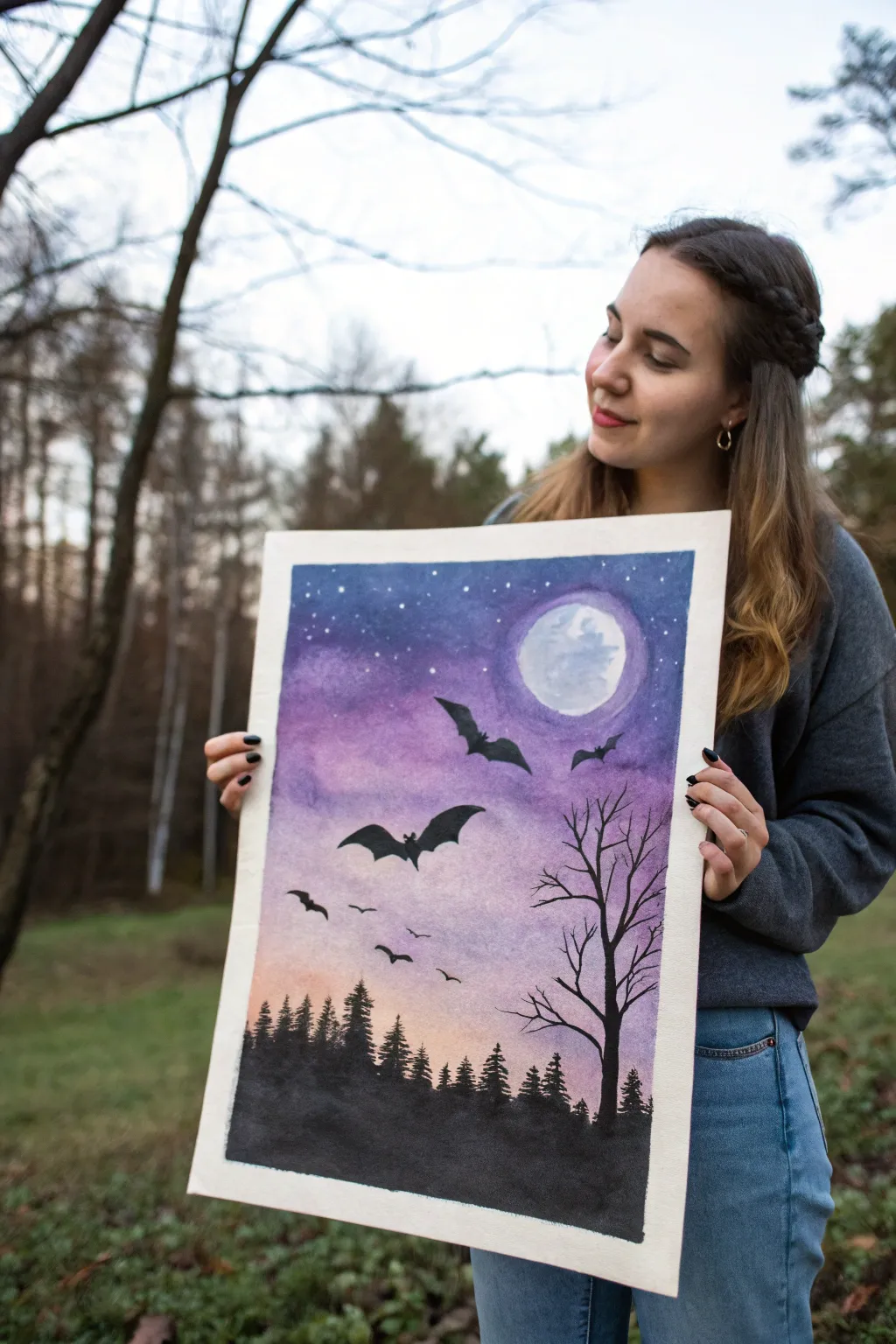 Twilight gradient and bold bat swarm silhouettes, a minimalist spooky Halloween painting idea.