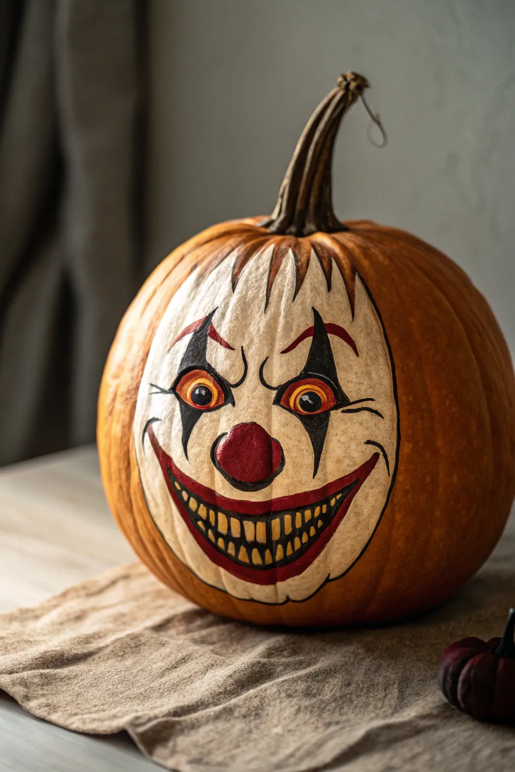 Nightmare carnival clown pumpkin with crisp lines, glossy eyes, and bold high-contrast shadows.