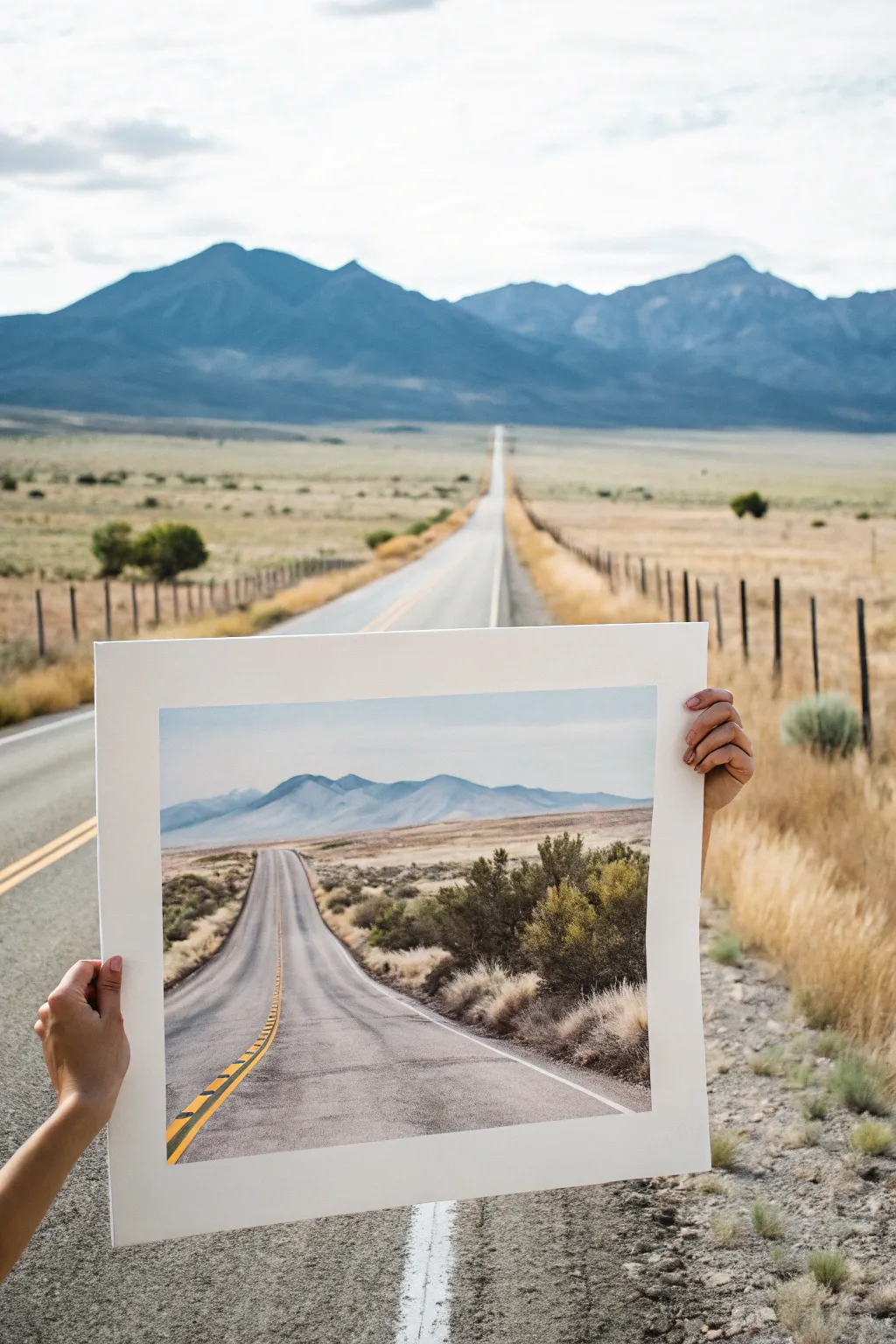 Paint a winding country road with leading lines that guide the eye to quiet distant mountains.