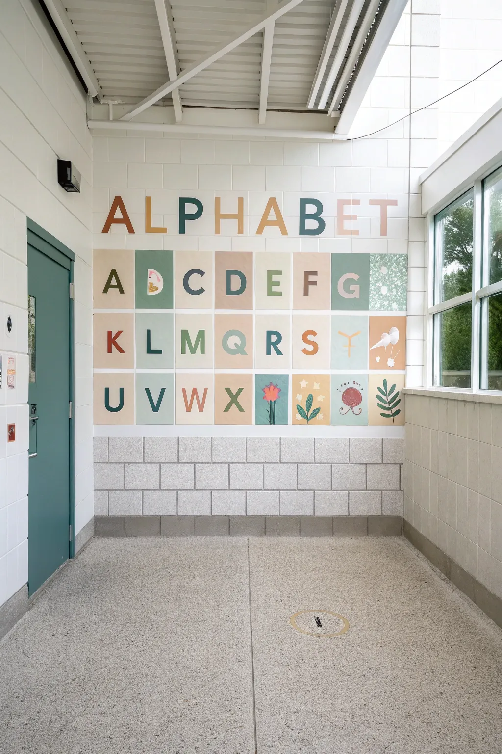 A minimalist alphabet mural with sweet icons, perfect for a calm early-learner hallway