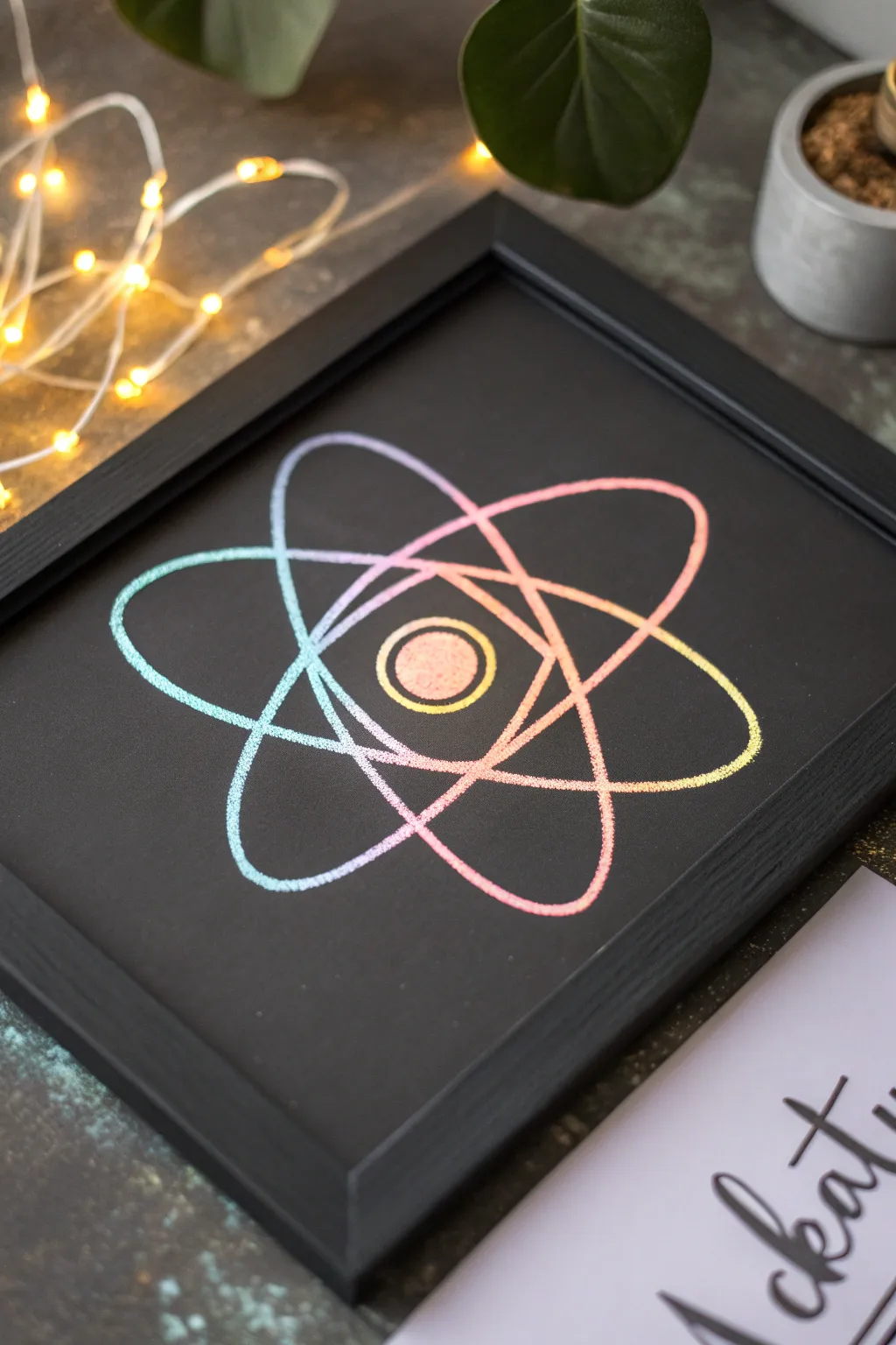 Glowing pastel atom orbit sketch with soft neon aura, minimalist science color drawing idea