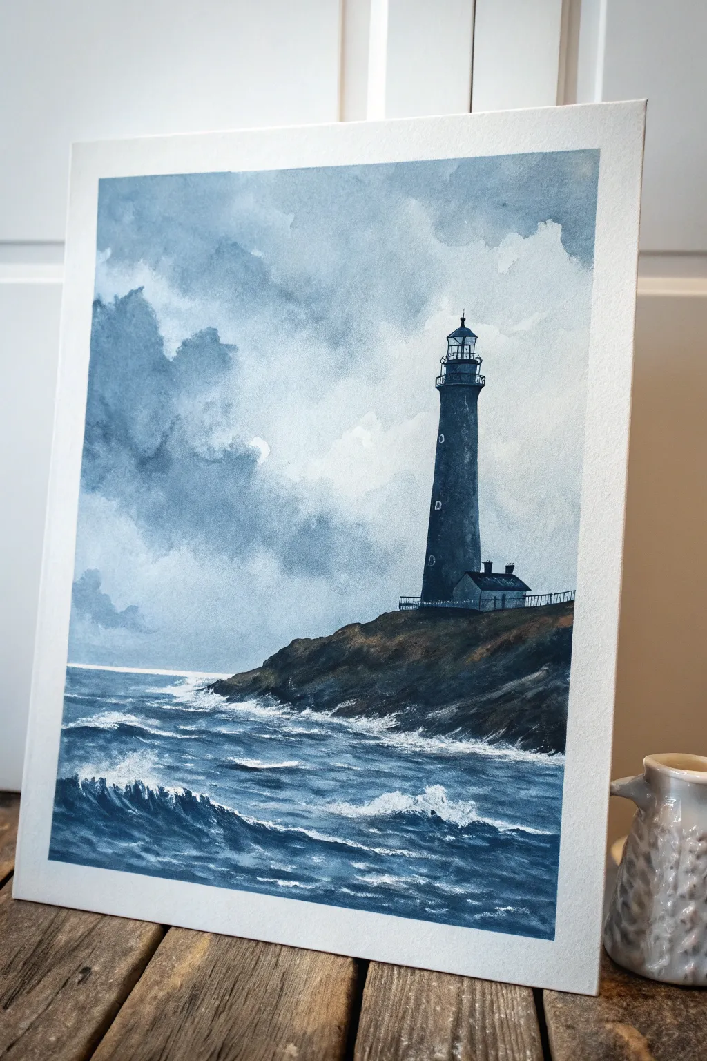 Minimal lighthouse seascape with windswept clouds and textured waves, crisp contrast and calm.