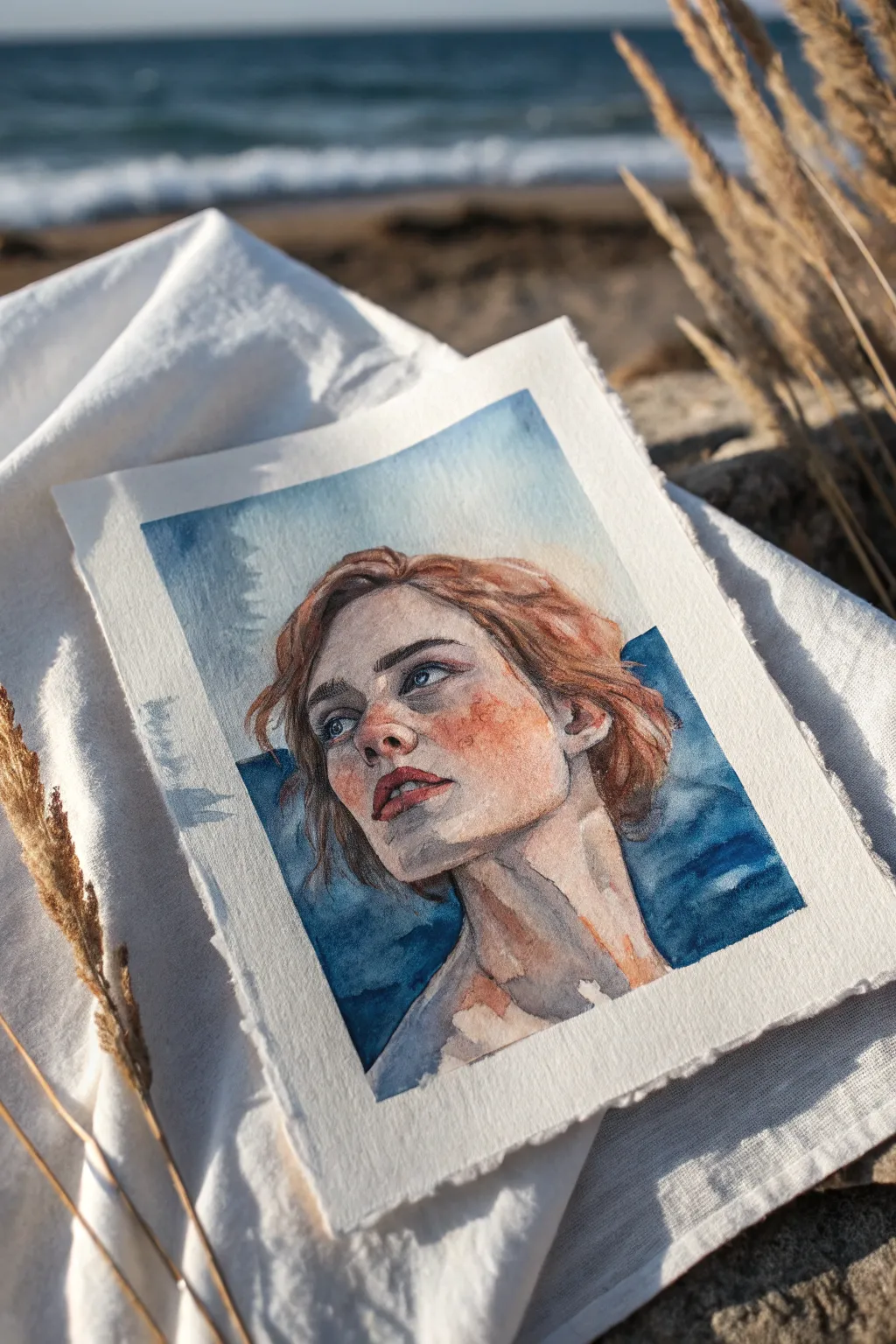 Paint your mood, not your mirror: a simple self-portrait in blush and deep blue calm.