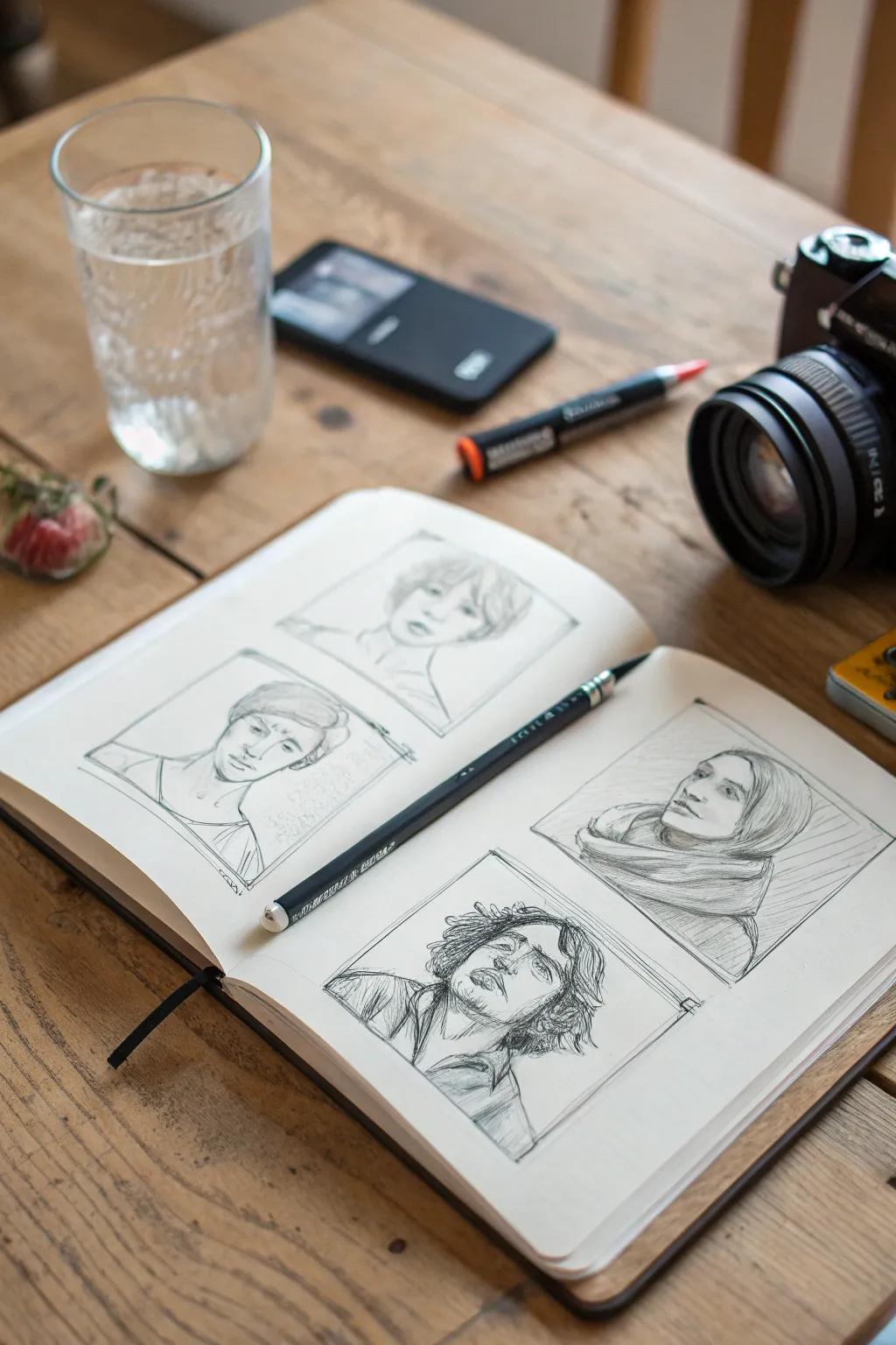 Five-minute gesture self-portraits with bold, loose lines and a calm minimalist studio vibe