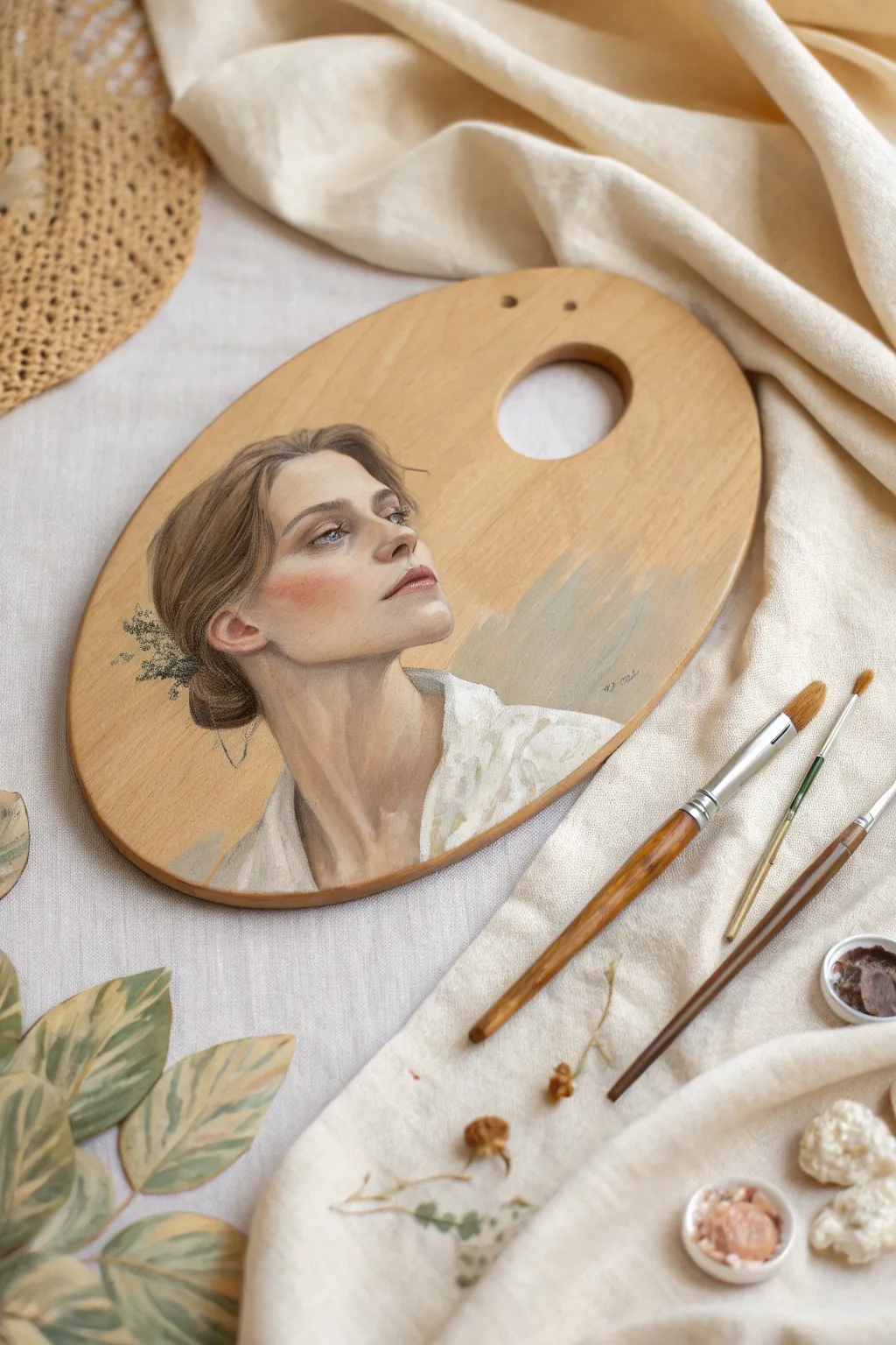 Limited palette self portrait on a wooden painters palette, calm tones with crafted simplicity