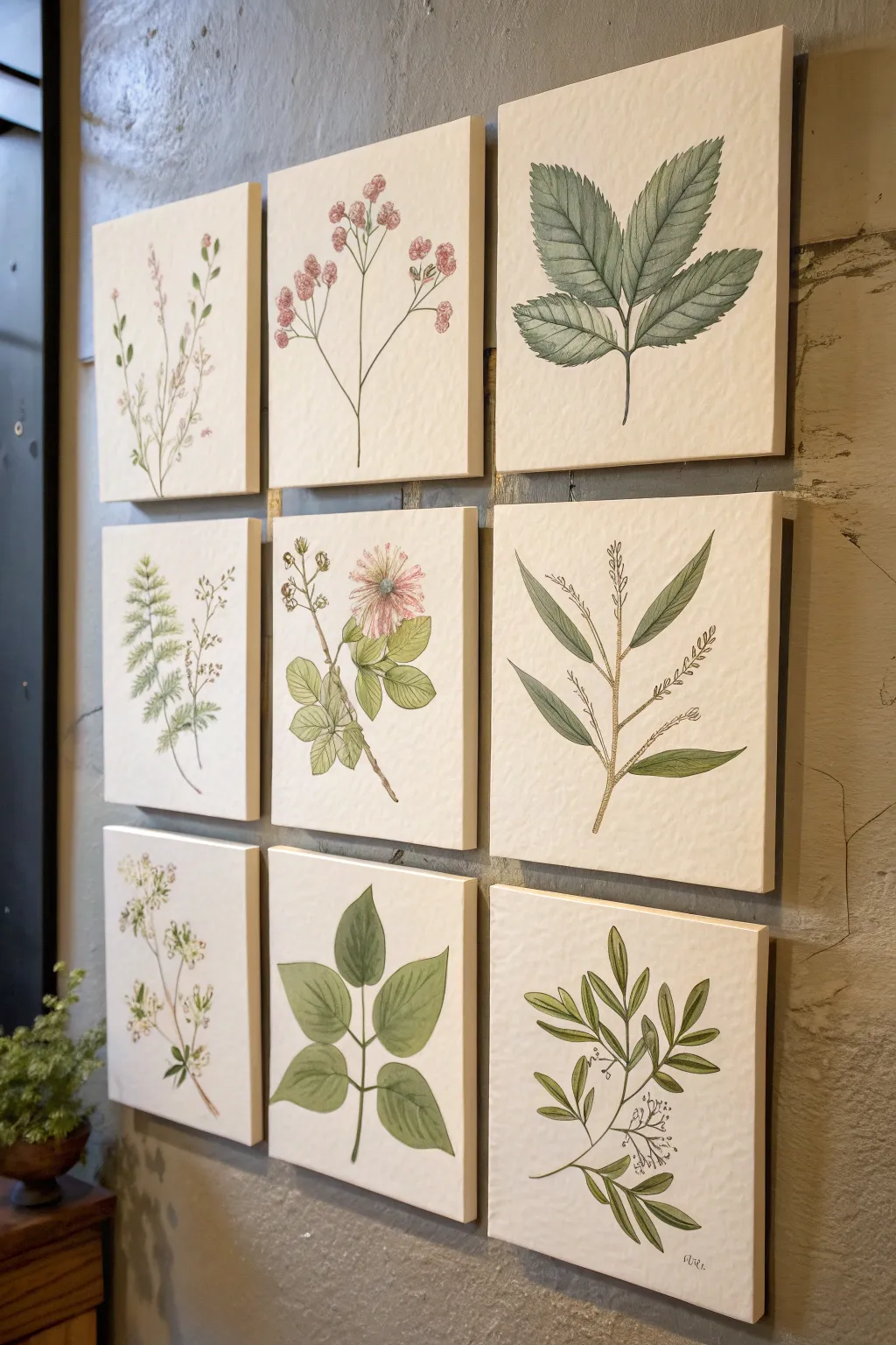 Botanical study wall set: six small panels, one unified palette, minimalist Scandinavian boho feel