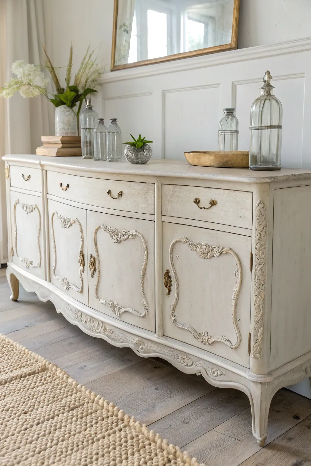 Curvy antique-white sideboard with aged pulls, styled simply for modern shabby chic charm.