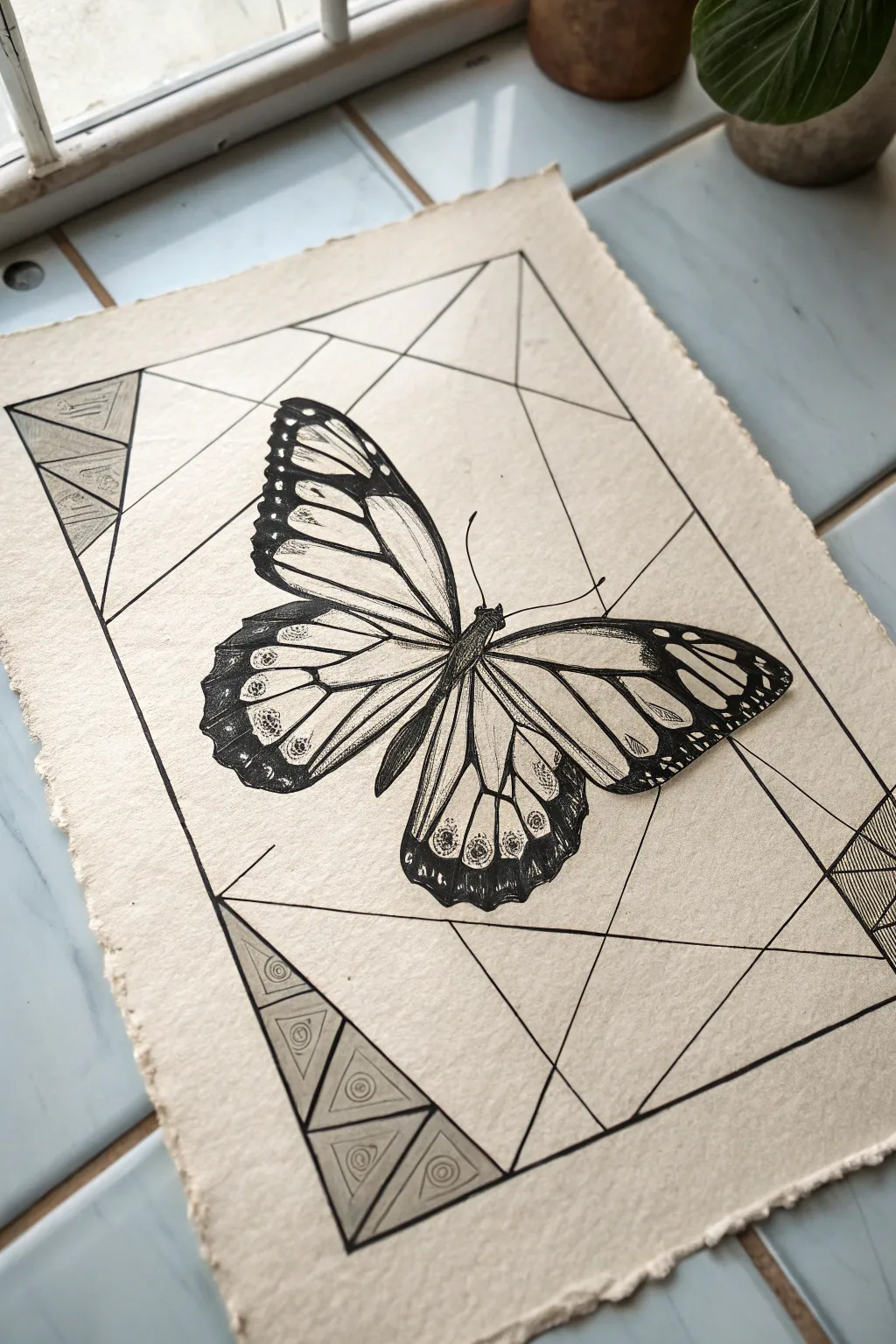 Shattered butterfly wings in geometric stained glass shards, minimalist black-and-white symmetry