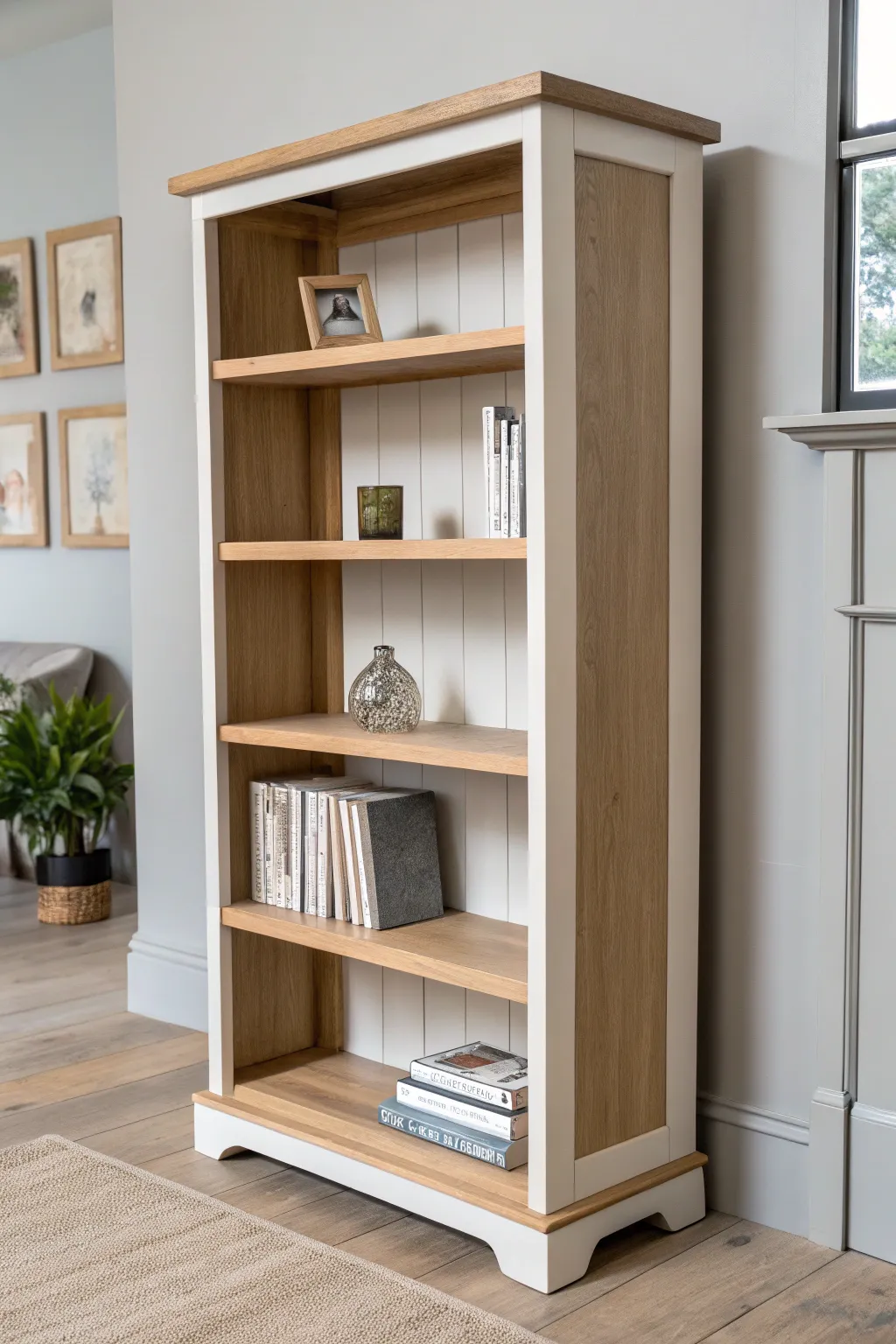 Two-tone shelf painting: greige frame with off-white shelves for a clean, crafted contrast