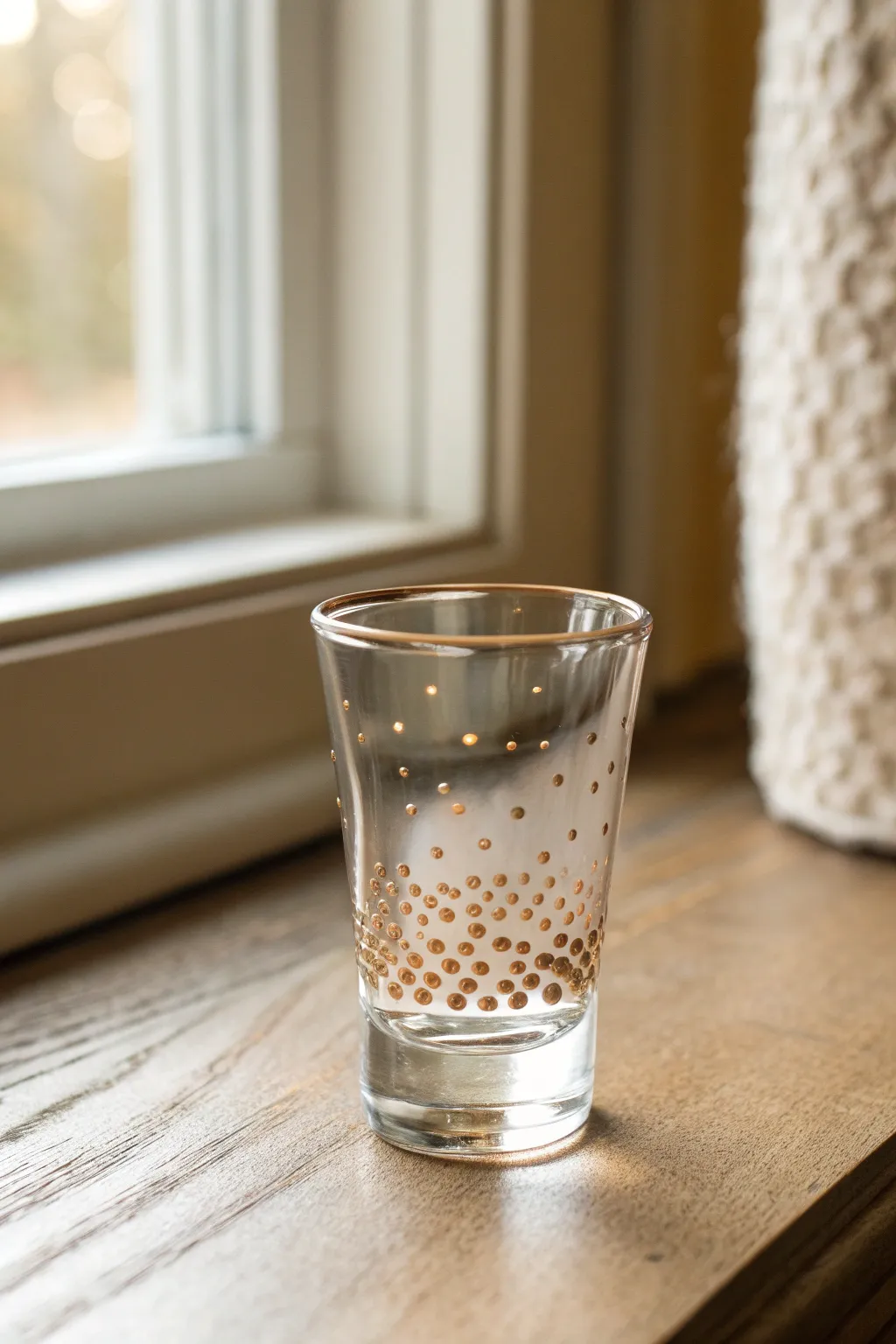 Confetti-dot rim shot glass design with playful color burst, minimalist boho on clean background.