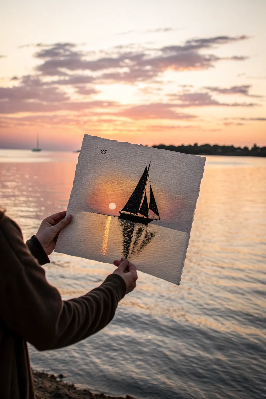 Minimalist sailboat silhouette with a warm sunset glow and mirrored reflection, calm and chic