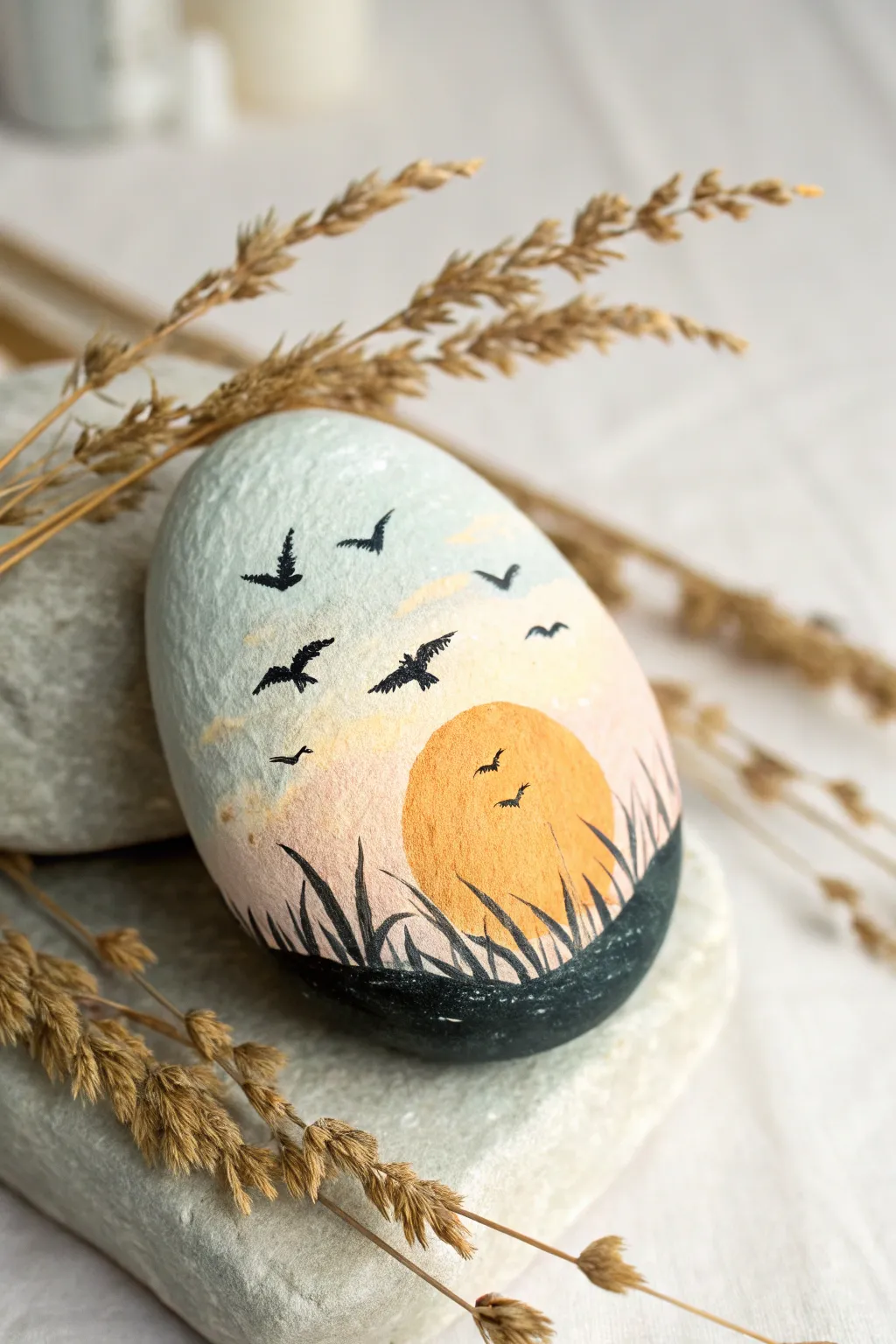 Minimal rock art: glowing sun and bold bird silhouettes for calm, modern movement